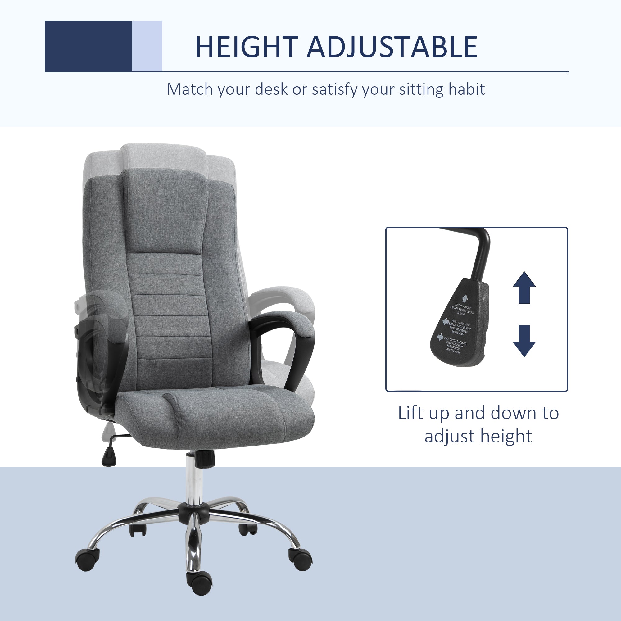 Vinsetto Office Chair, Computer Desk Chair, Linen Fabric Swivel Chair with Adjustable Height, Rolling Wheels for Home and Study, Grey - North Peak Garden Furniture