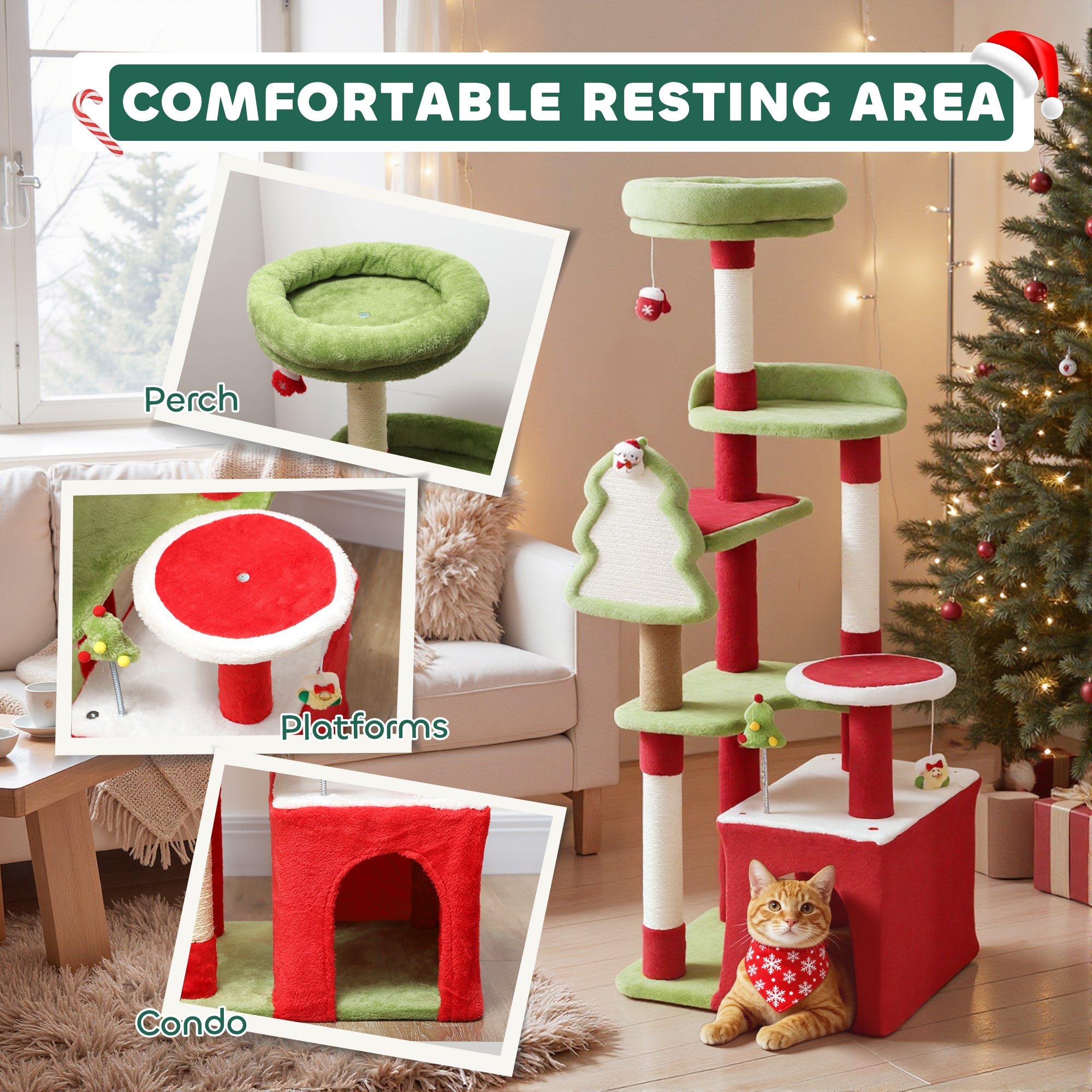 PawHut Cat Tree, 120cm Christmas Cat Tower with 3 Scratching Posts, Scratching Board, 2 Perches, Platforms, Toys, Green