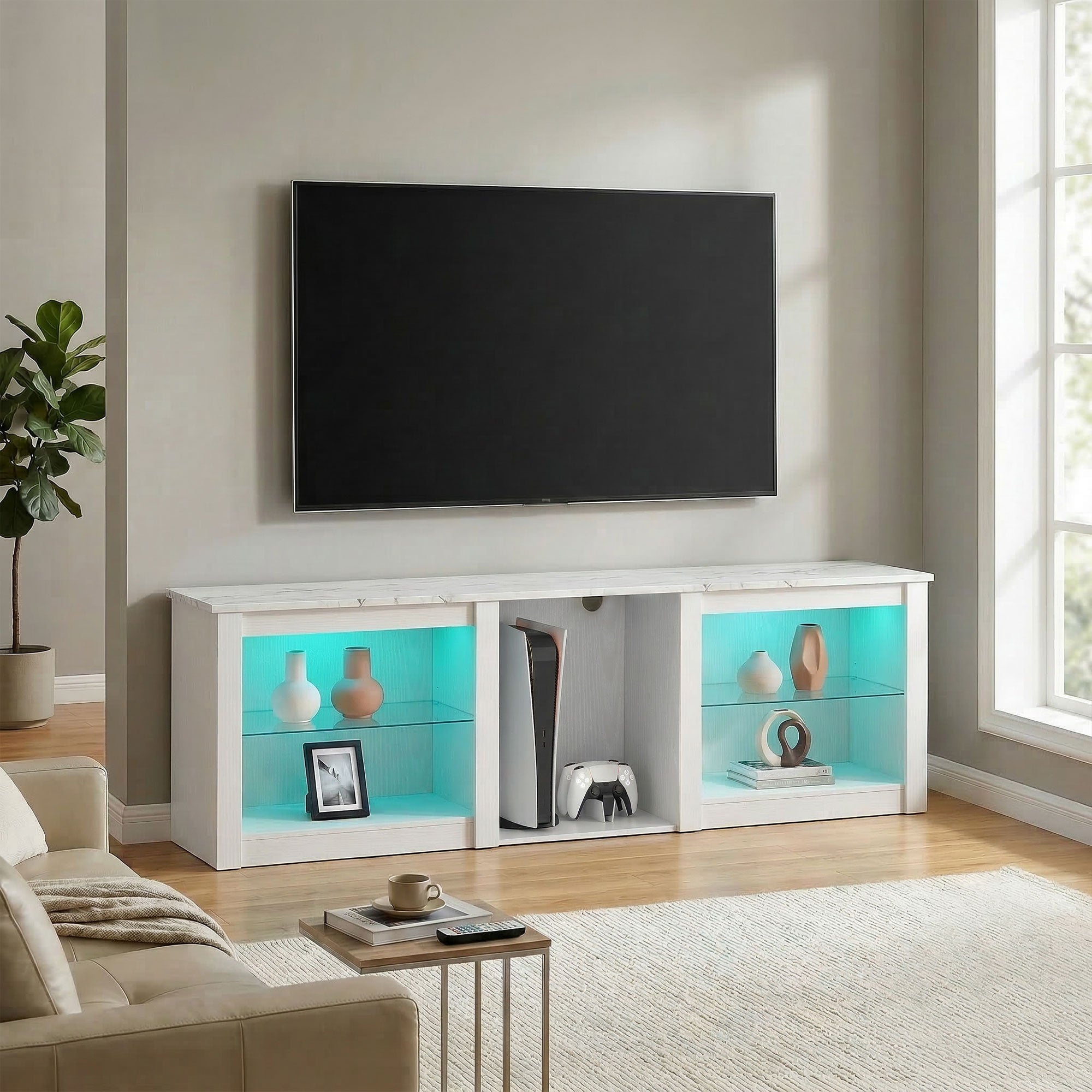 HOMCOM 70" TV Stand, with LED Lights and Storage - White