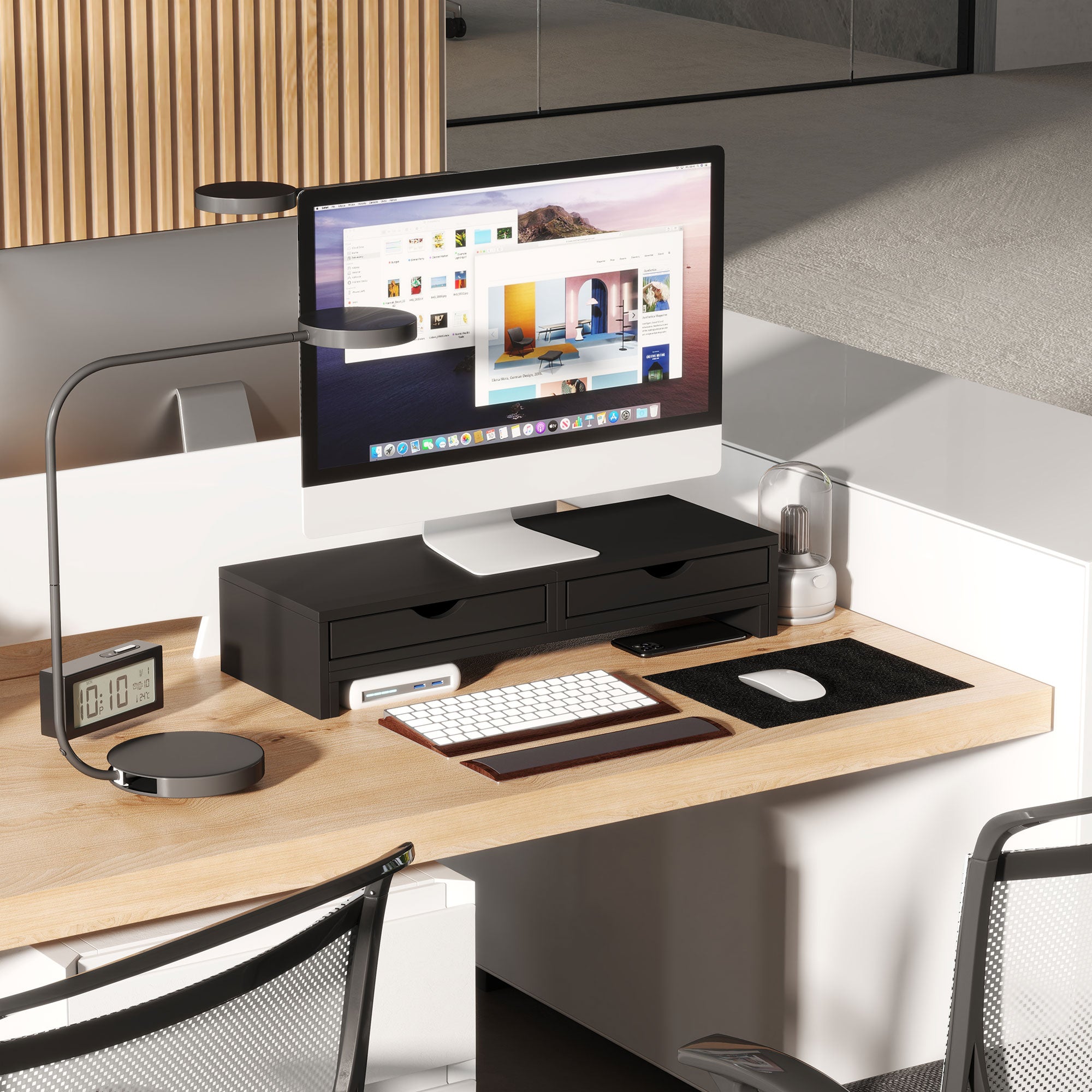 HOMCOM Dual Monitor Stand Riser with 2 Drawers, Adjustable Length and Angle, 116cm Monitor Riser for Laptop, Computer, PC, Small Printer, Black - North Peak Garden Furniture
