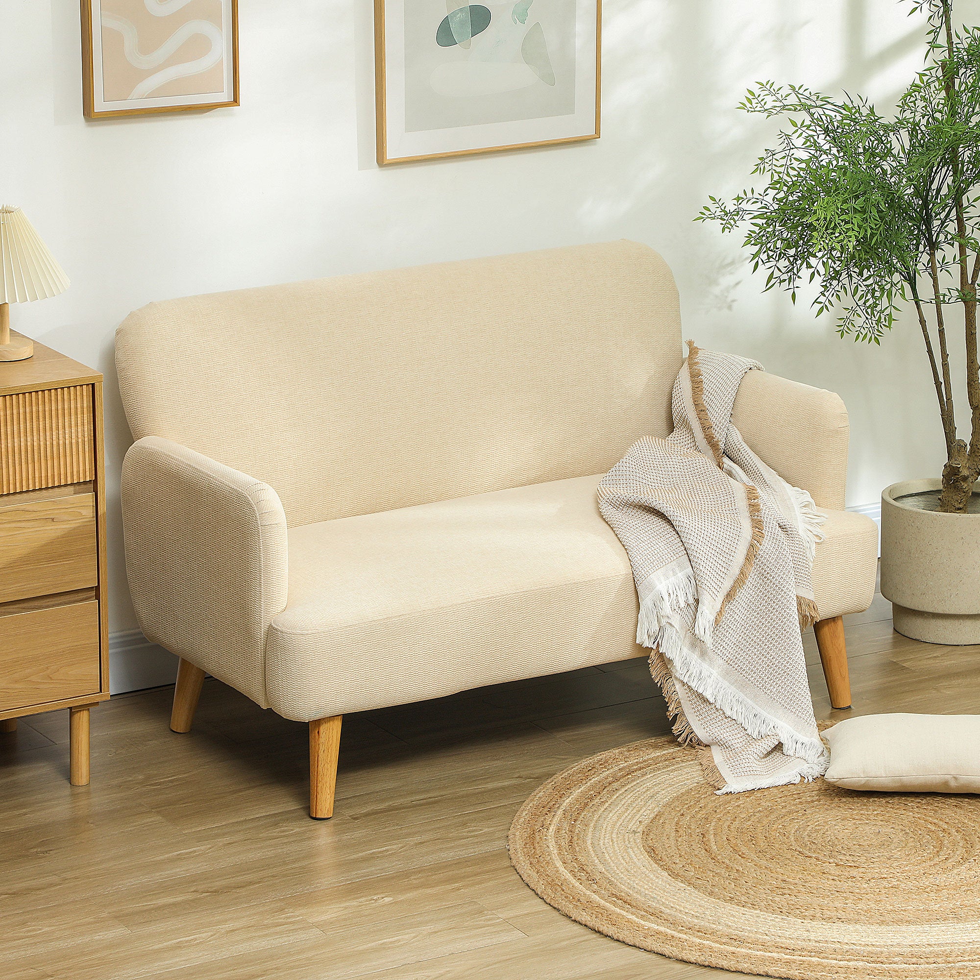 HOMCOM Velvet Feel Fabric 2 Seater Sofa, Small Sofa Loveseat with 21cm Thick Padding and Wood Legs, Cream White - North Peak Garden Furniture