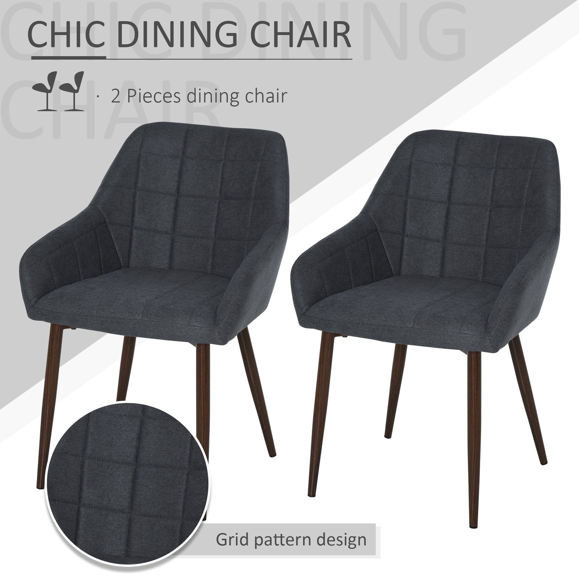 HOMCOM 2 Pieces Linen-Touch Fabric Dining Chair with Grid Pattern Cushion and Backrest, Mid Back Leisure Chair with Steel Leg, Sponge Padded Armchair for Dining Room - North Peak Garden Furniture