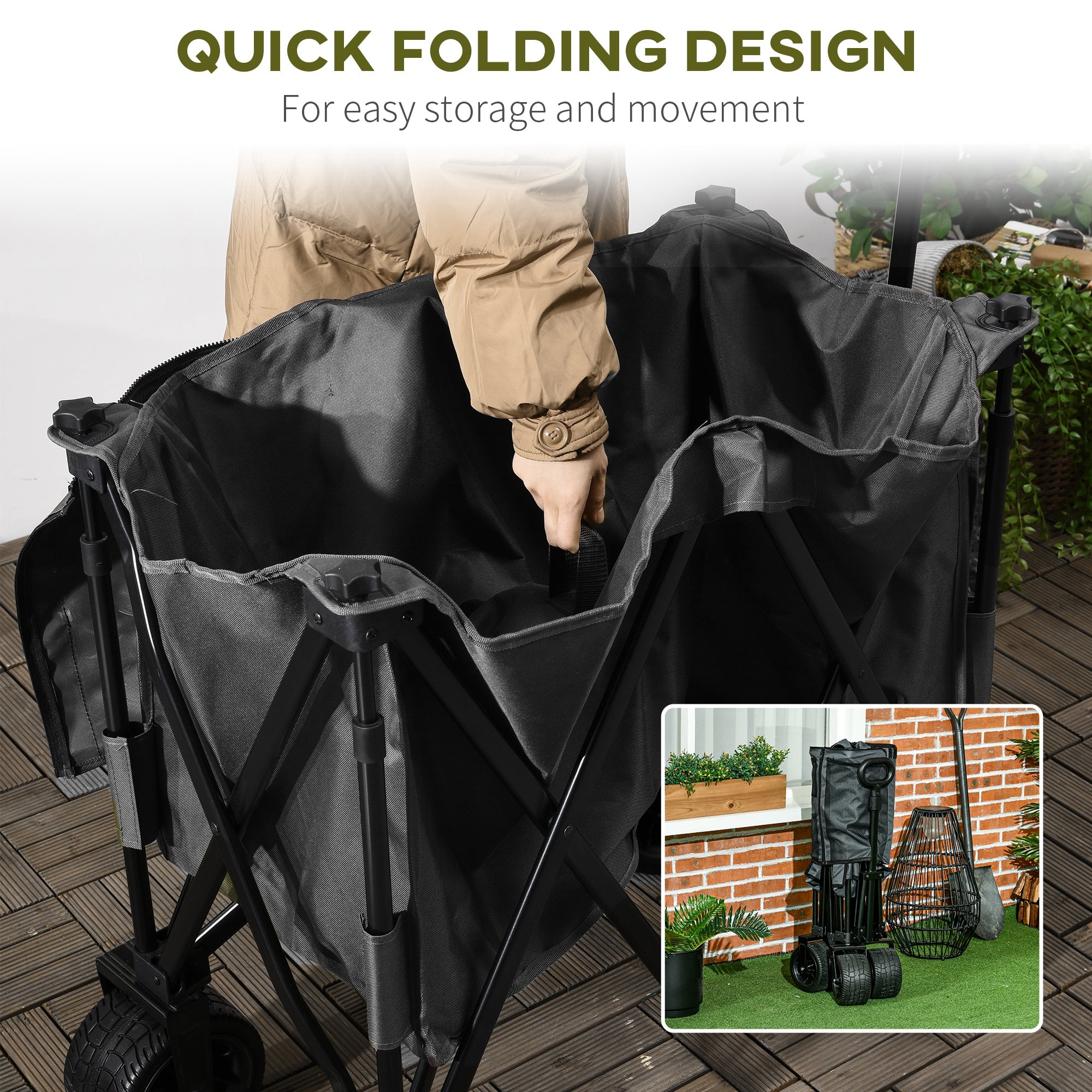 Outsunny Folding Garden Trolley, Cargo Traile on Wheels, Collapsible Camping Trolley, Outdoor Utility Wagon, Dark Grey - North Peak Garden Furniture