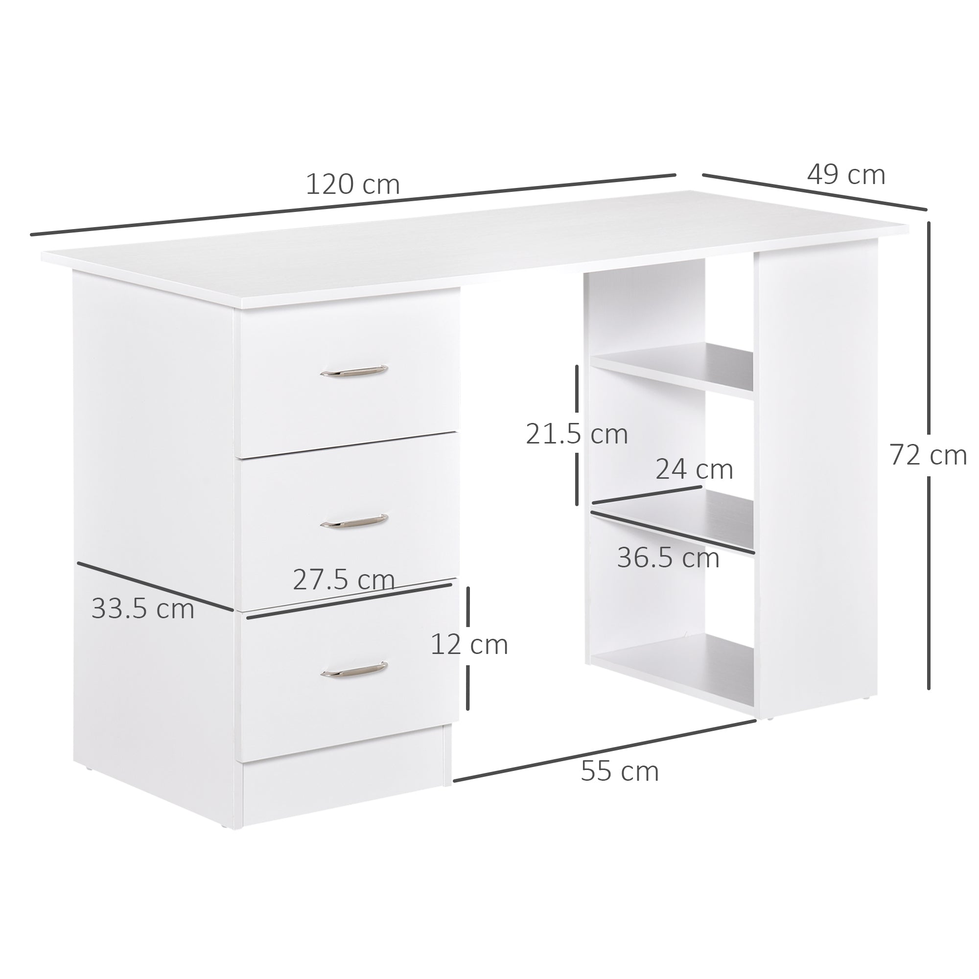 HOMCOM Computer Desk, Writing Table, PC Workstation with 3 Storage Shelves and Drawers, Silver Handle, for Home Office, White - North Peak Garden Furniture