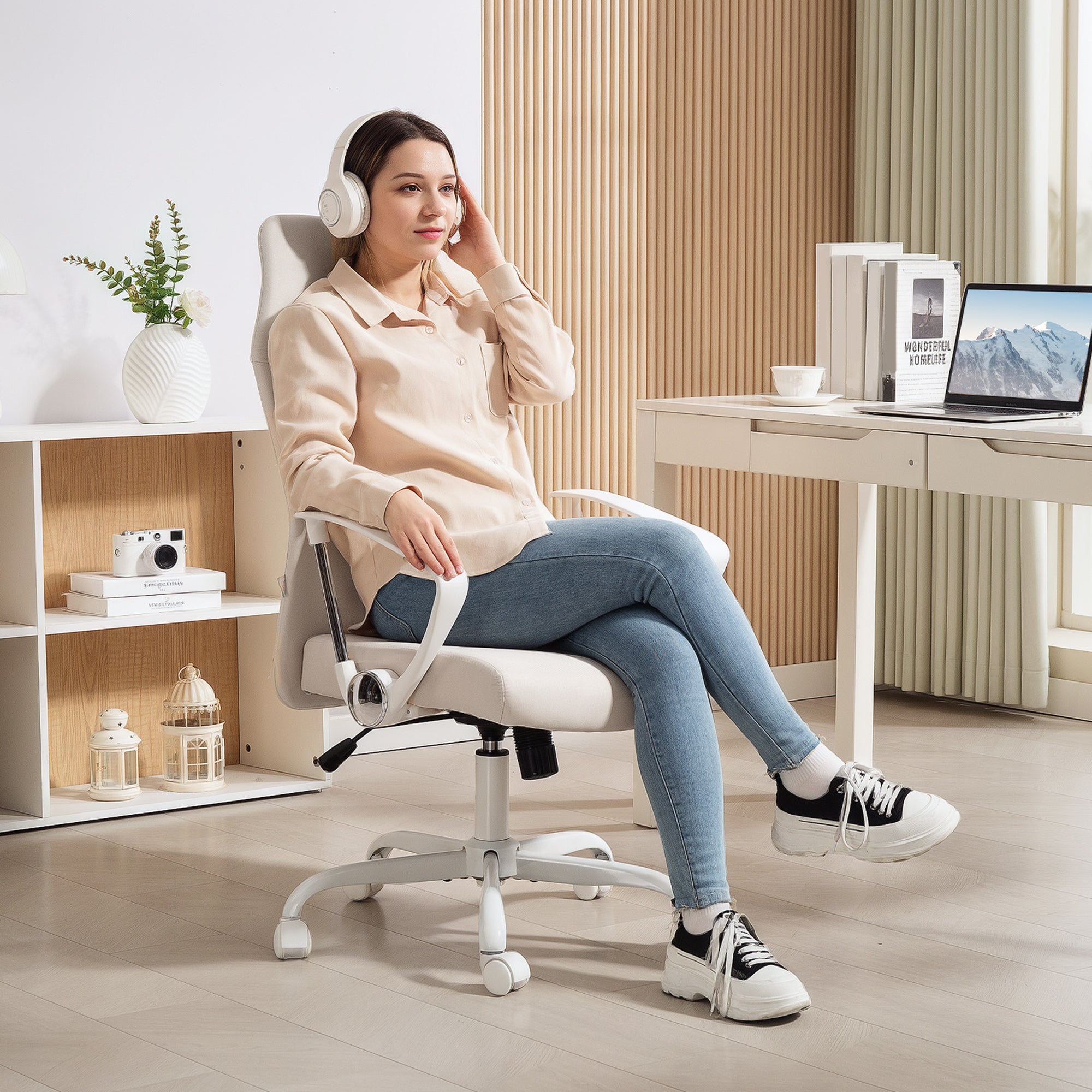 HOMCOM Fabric High Back Office Chair - Cream White - North Peak Garden Furniture
