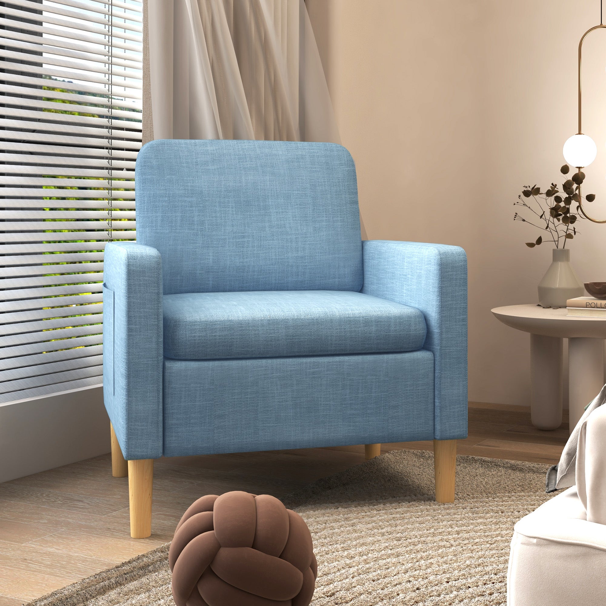 HOMCOM Modern Accent Chair, Comfy Fireside Chair, Upholstered Armchair for Living Room, Bedroom, Home Office, Blue - North Peak Garden Furniture