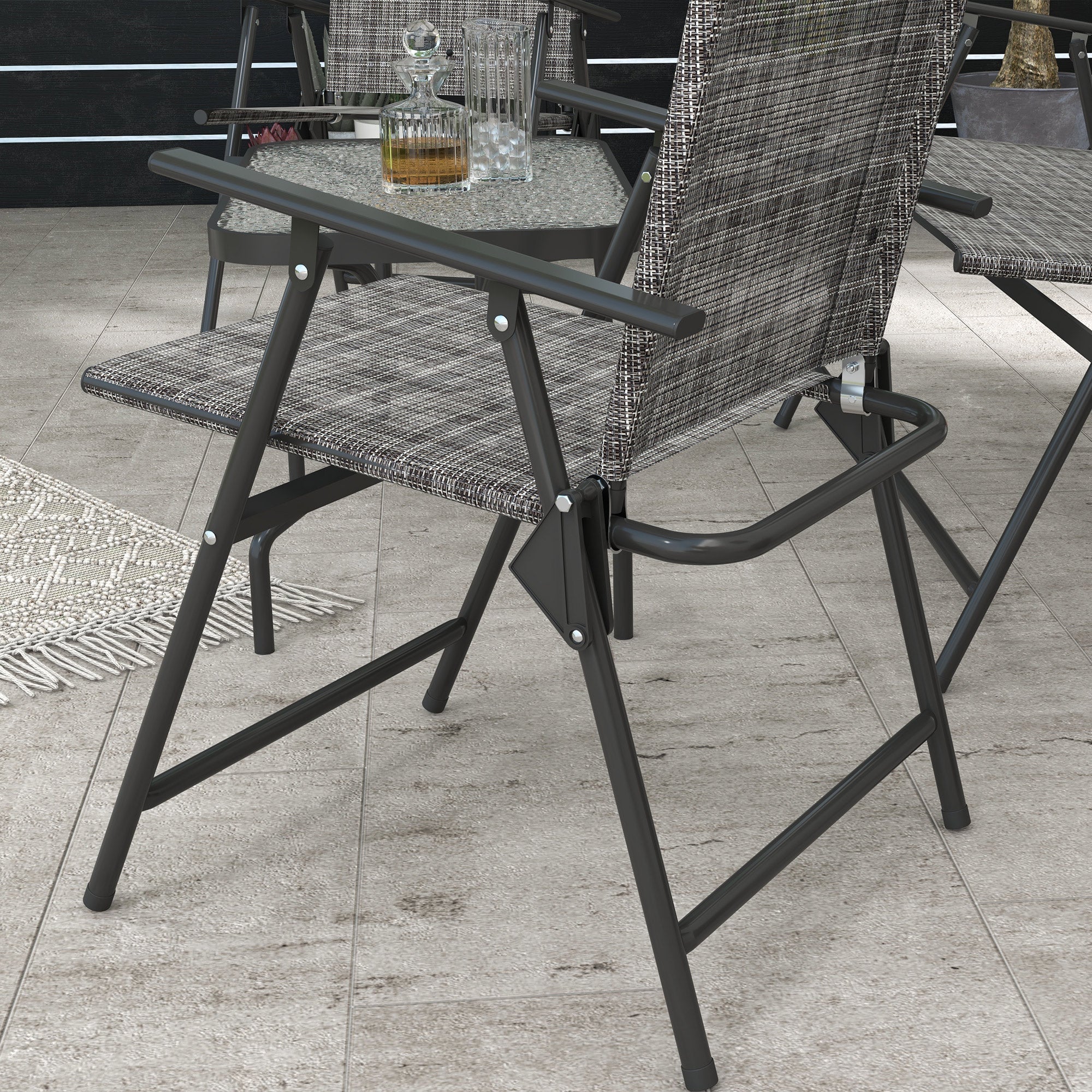 Outsunny Outdoor 4 Pieces Patio Furniture Set with Breathable Mesh Fabric Seat & Backrest, Garden Set with Two Foldable Armchairs, a Loveseat & Glass Top Table, Mixed Grey - North Peak Garden Furniture