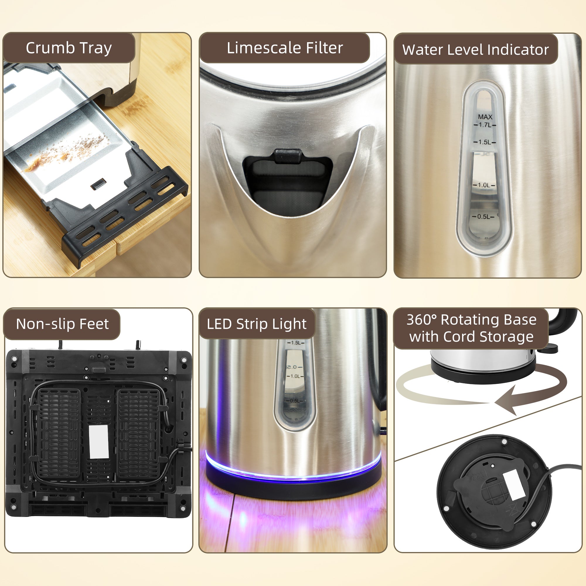 HOMCOM Kettle and Toaster Set, 1.7L 3000W Rapid Boil Jug Kettle with Strix Thermostat, Limescale Filter, 4 Slice Toaster with 7 Browning Controls, Crumb Tray, Silver Tone