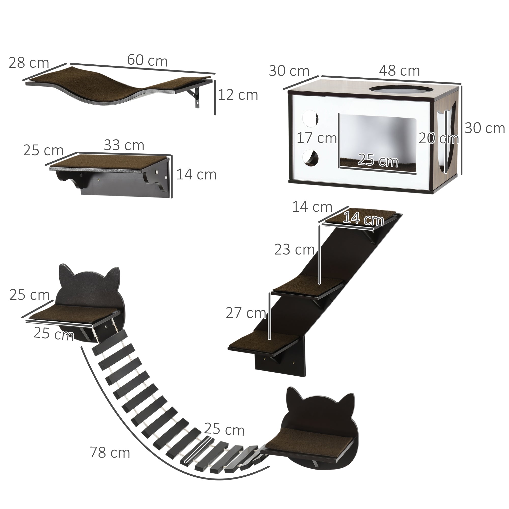 PawHut 5 Piece Cat Wall Shelves, Wall-Mounted Cat Tree for Indoor Use - Brown - North Peak Garden Furniture