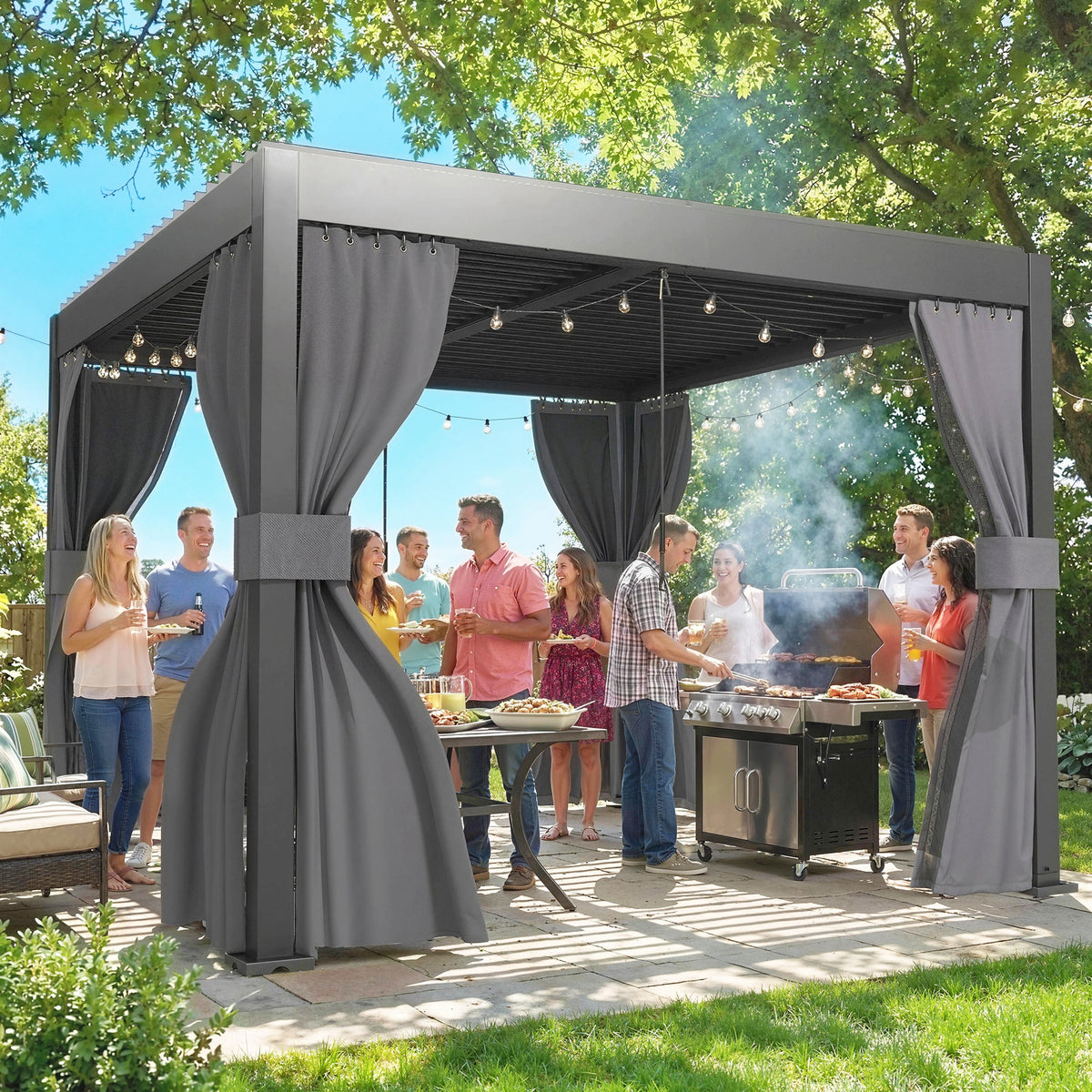 Outsunny 3 x 3 m Louvered Pergola with Adjustable Metal Louvred Roof, Aluminium Patio Gazebo with Netting and Curtains, Dark Grey