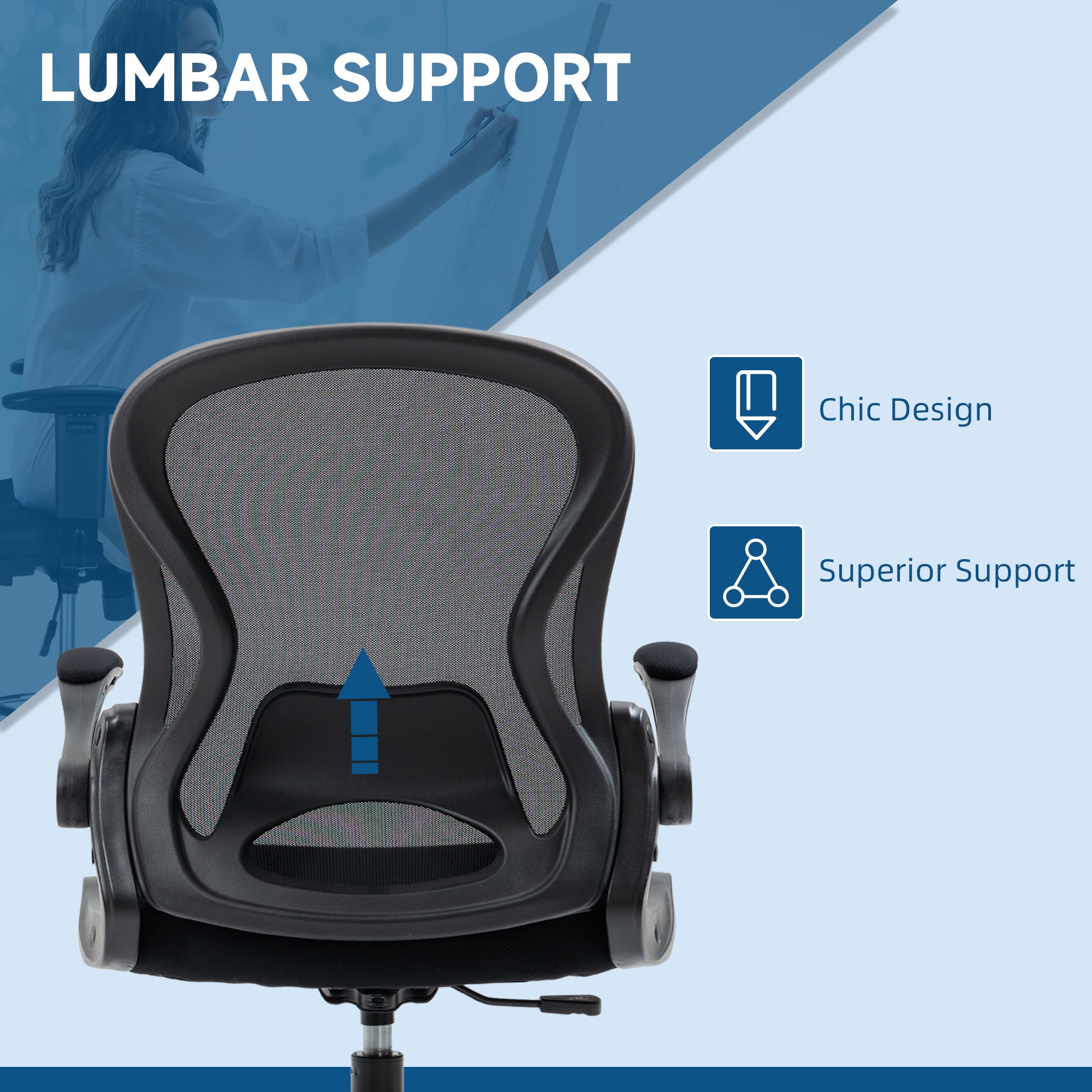 Vinsetto Adjustable Mesh Standing Desk Chair with Flip-up Armrests Lumbar Support Armrests Adjustable Footrest Ring Black - North Peak Garden Furniture