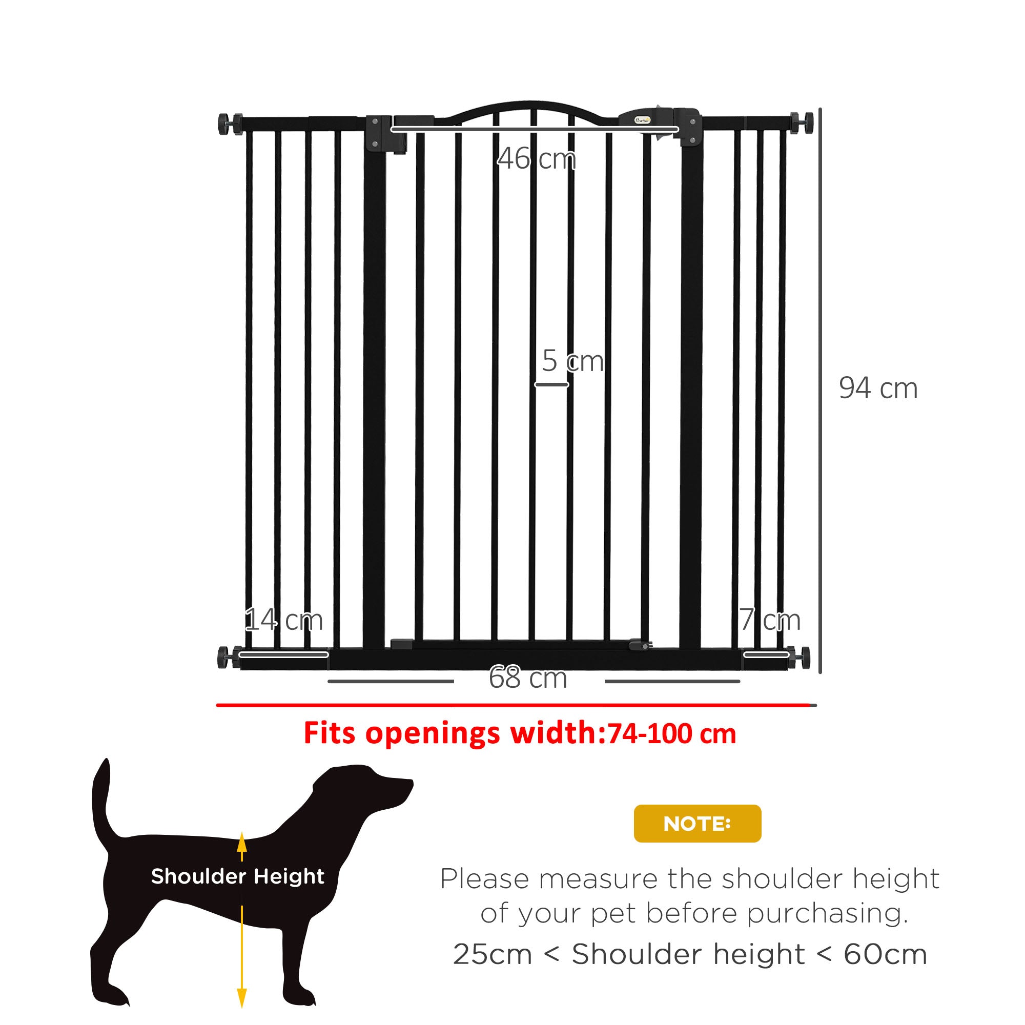 PawHut Pressure Fit Dog Stair Gate No Drilling Safety Gate Auto Close for Doorways, Hallways, 74-100cm Adjustable, 94cm Tall, Black