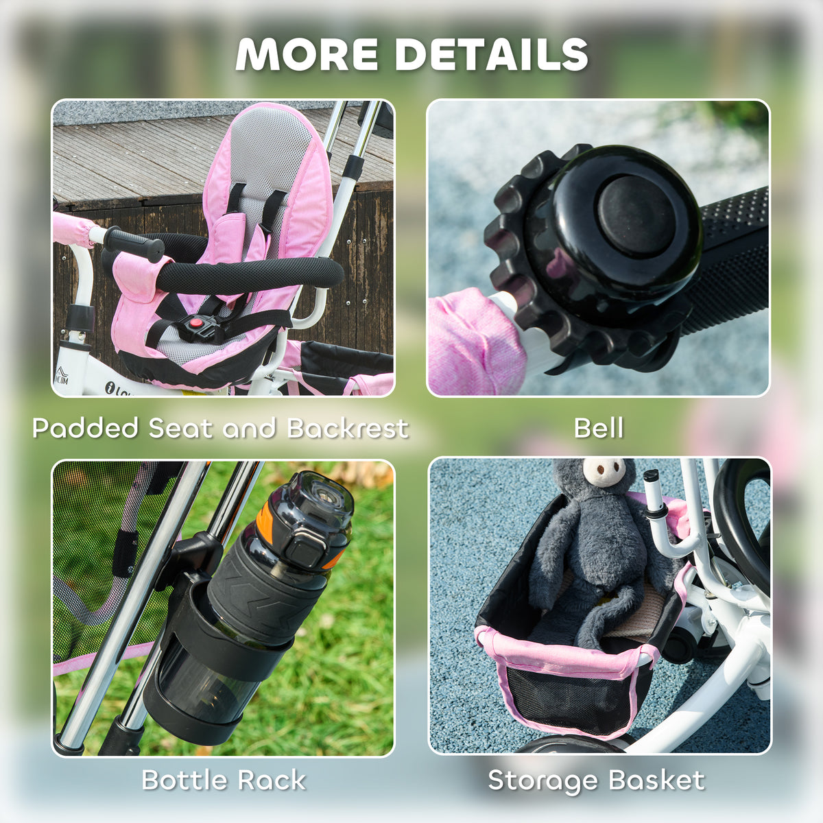 HOMCOM 6 in 1 Kids Trike Push Bike w/ Push Handle, Canopy, 5-point Seat Belt, Storage, Footrest, Brake, for 1-5 Years, Pink