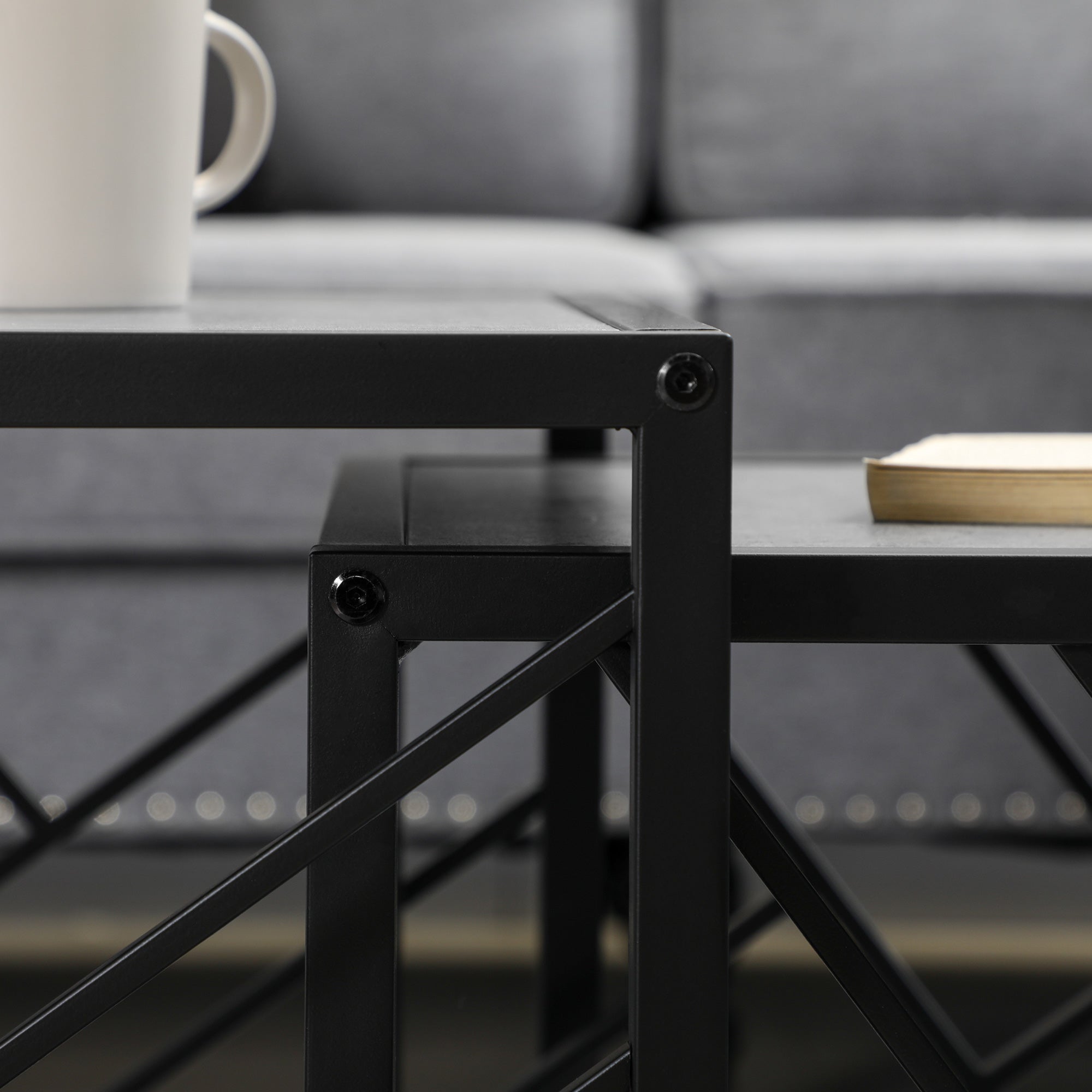 HOMCOM Nesting Coffee Tables, Set of 3 Square Side Tables with Black Metal Frame, for Living Room, Bedroom and Office, Grey - North Peak Garden Furniture