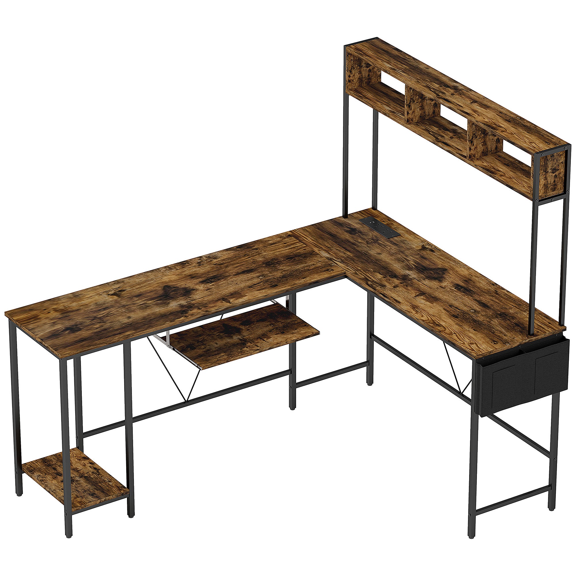 HOMCOM 160cm Reversible L Shaped Desk with Power Outlet, Industrial Corner Desk with Storage Shelves and Keyboard Tray, 240cm Long Computer Desk for 2 Person, Rustic Brown - North Peak Garden Furniture