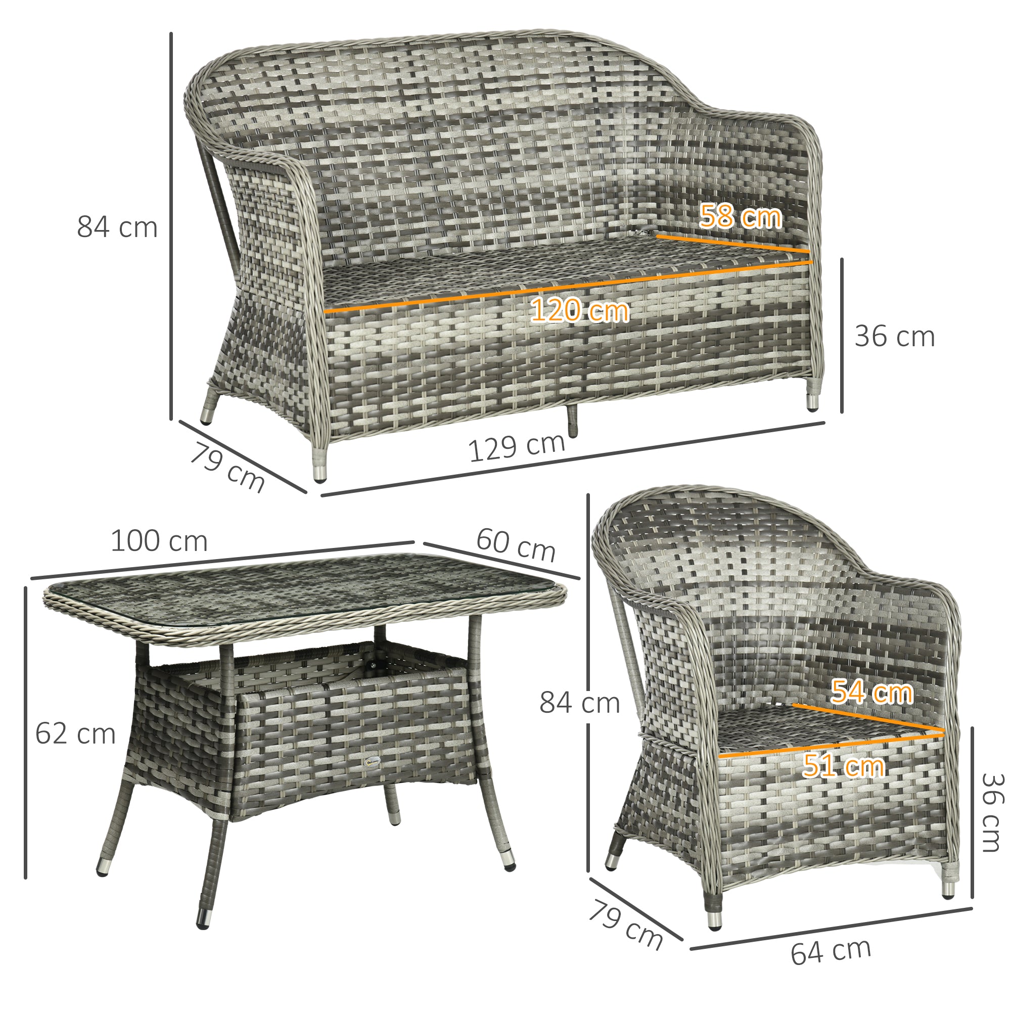 Outsunny 4 Pieces Outdoor PE Rattan Garden Furniture, Patio Round Wicker Woven Conversation Sofa Set w/ Padded Cushions and Tempered Glass Top Table For Balcony, Pool, Backyard, Sand - North Peak Garden Furniture