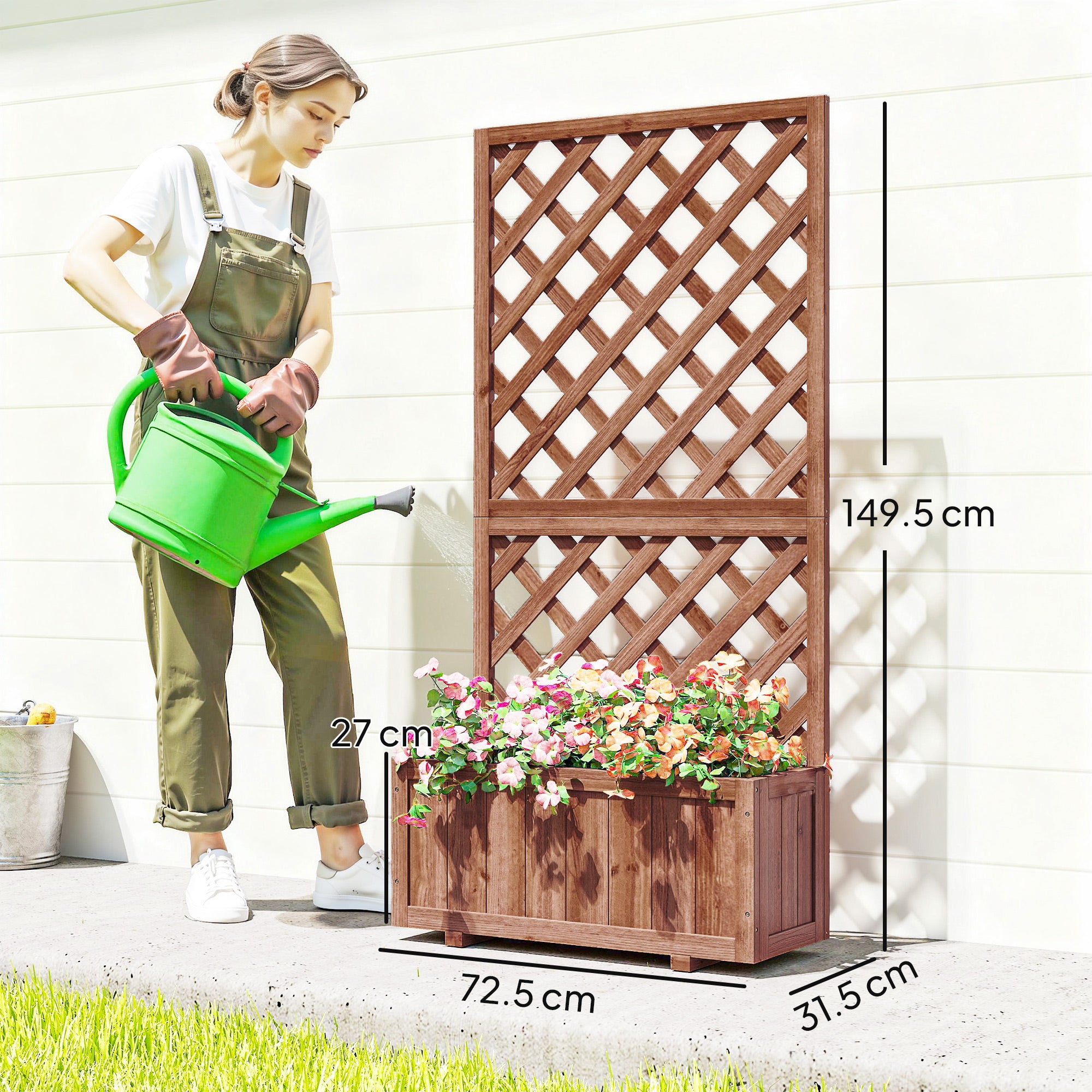 Outsunny 72.5 x 31.5 x 149.5 cm 45L Garden Wooden Pine Trough Planter with Topped Trellis Climbing Plants Flower Raised Bed, Orange