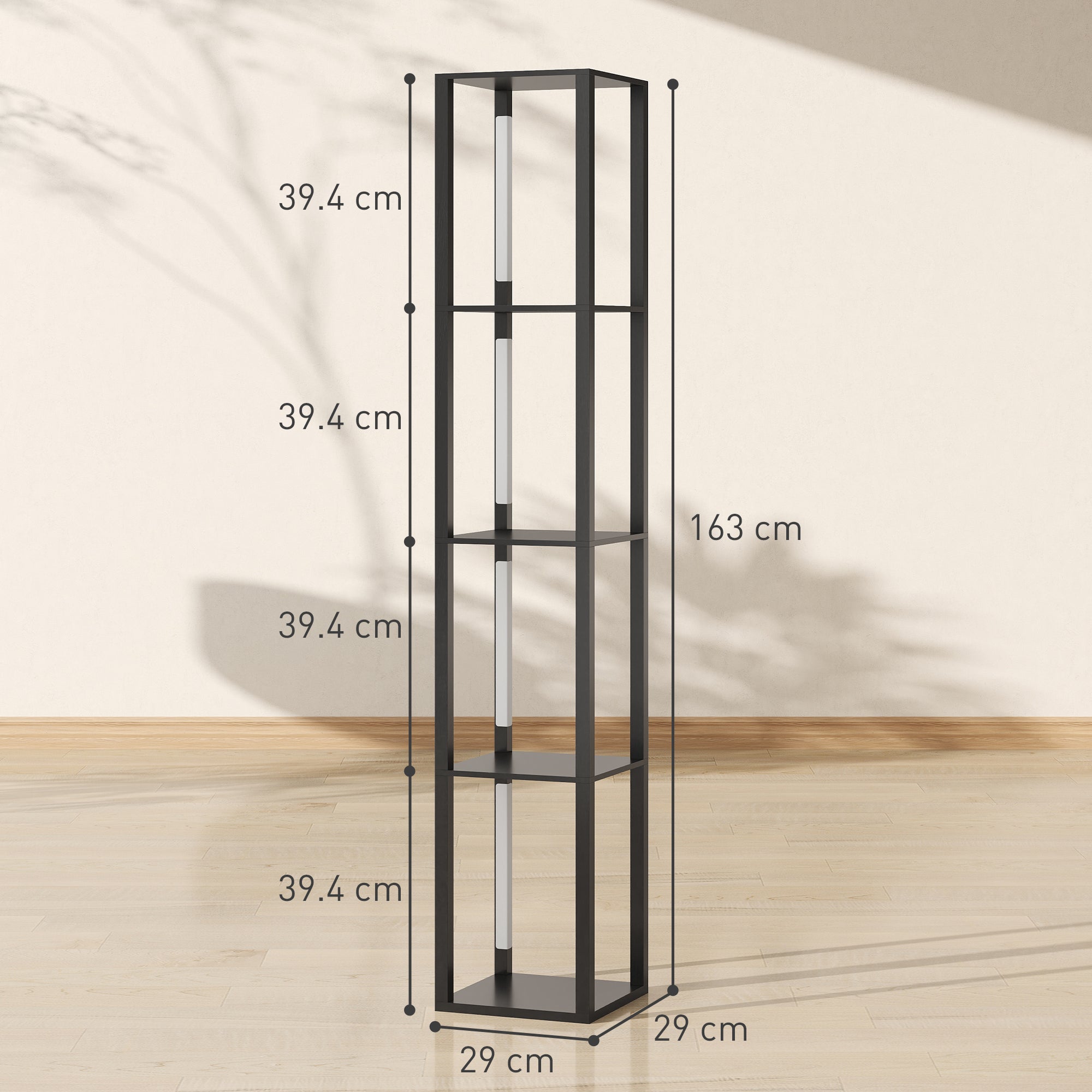 HOMCOM Floor Lamp with Shelves, 4 Layer Dimmable Column Modern Standing Lamp with 3 Brightness Levels and Foot Switch for Living Room, Bedroom, Office, Black - North Peak Garden Furniture