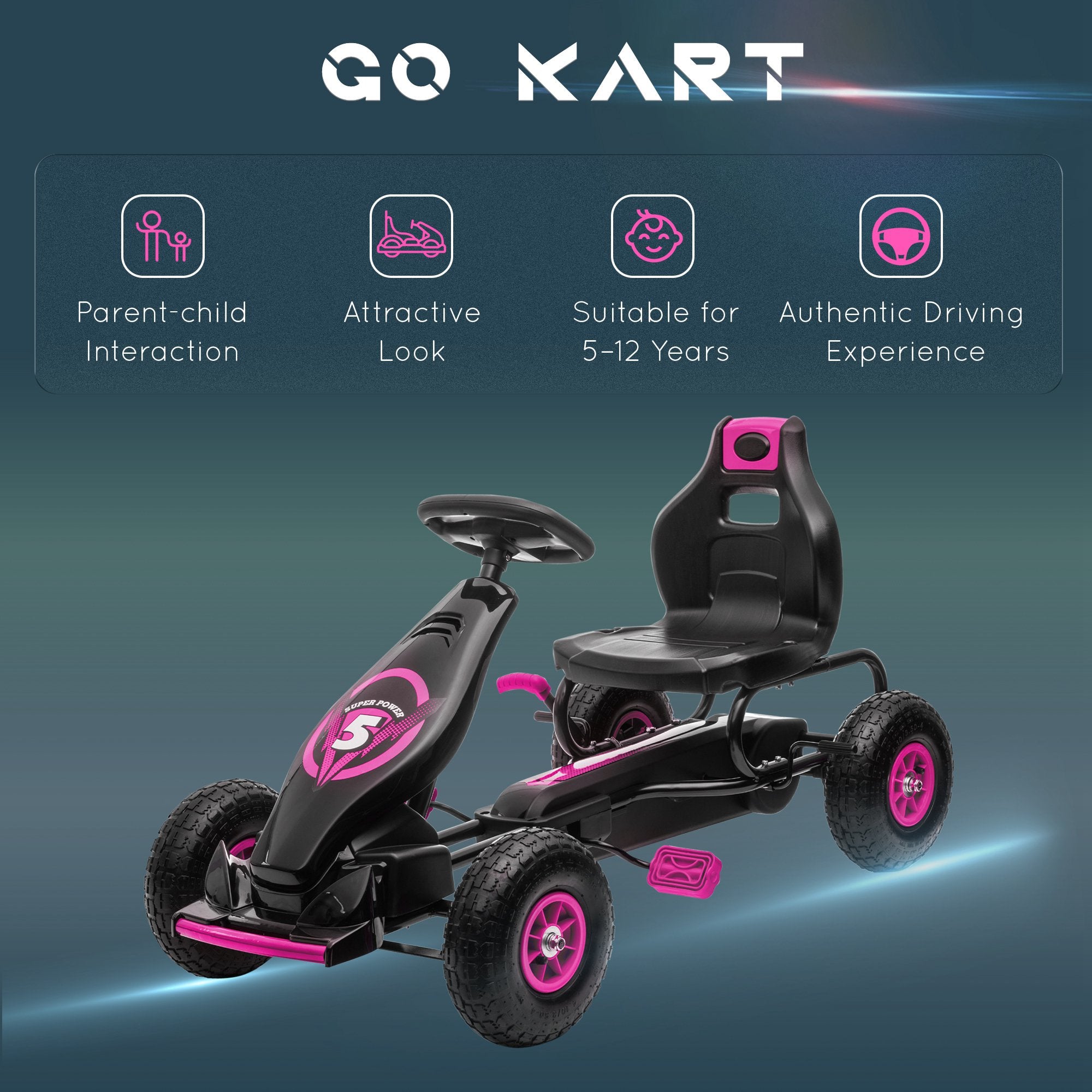 HOMCOM Kids Pedal Go Kart, with Adjustable Seat, Inflatable Tyres - Pink - North Peak Garden Furniture