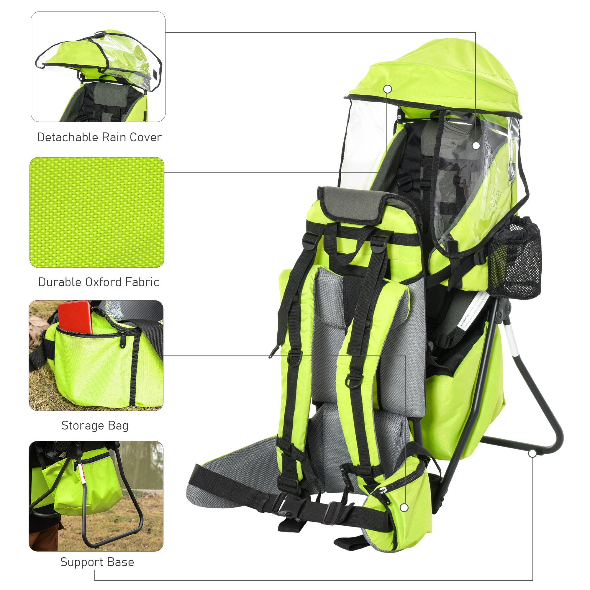 HOMCOM Baby Hiking Backpack Carrier Child Carrier with Ergonomic Hip Seat Detachable Rain Cover Adjustable Straps Stand for Toddler 6 - 36 Months Green - North Peak Garden Furniture
