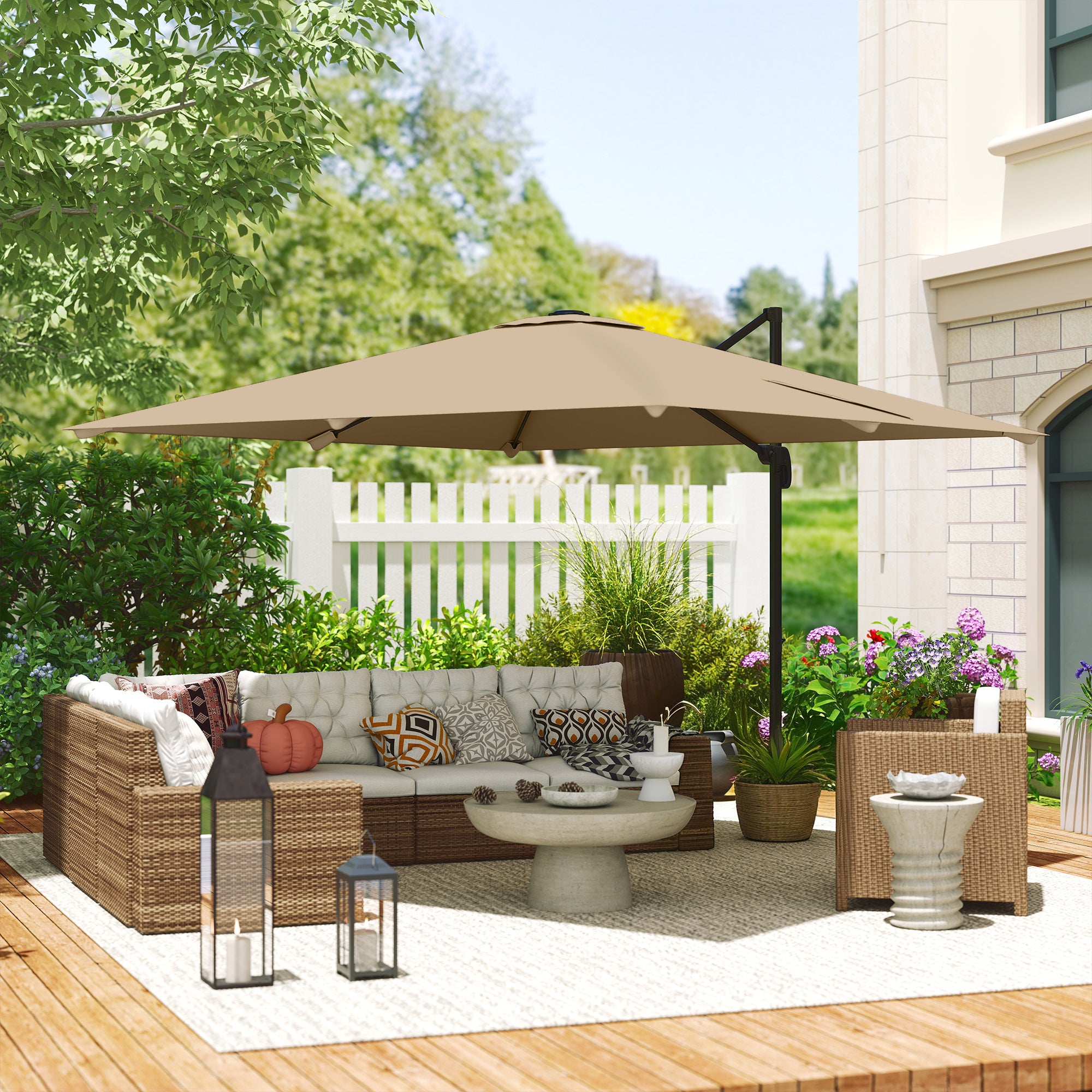 Outsunny 3 x 3 m Cantilever Parasol, Square Patio Umbrella with Crank Handle, Cross Base, Tilt, 360° Rotation, Khaki