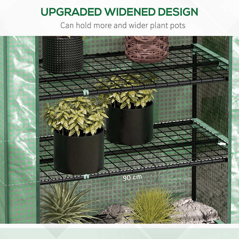 Outsunny 5 Tier Widened Mini Greenhouse with Reinforced PE Cover, Portable Indoor Outdoor Green House with Roll-up Door and Wire Shelves, 193H x 90W x 49Dcm, Green - North Peak Garden Furniture