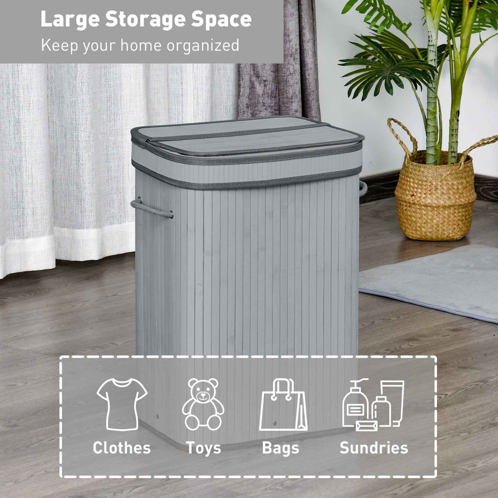 HOMCOM 70L Natural Wood Laundry Basket A Compartment w/Flip Lid Removable Lining Handles Board Base Foldable Durable Water-Resistant Dirty Clothes Storage Home Organisation Grey - North Peak Garden Furniture