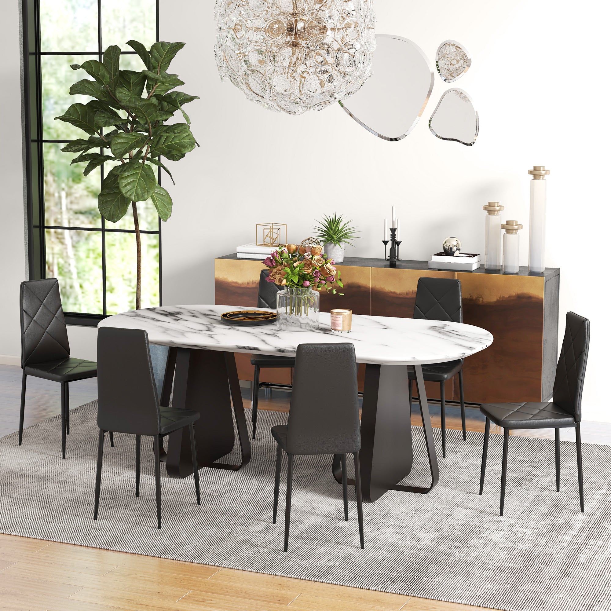 HOMCOM Set of 6 Faux Leather Dining Chairs - Black - North Peak Garden Furniture