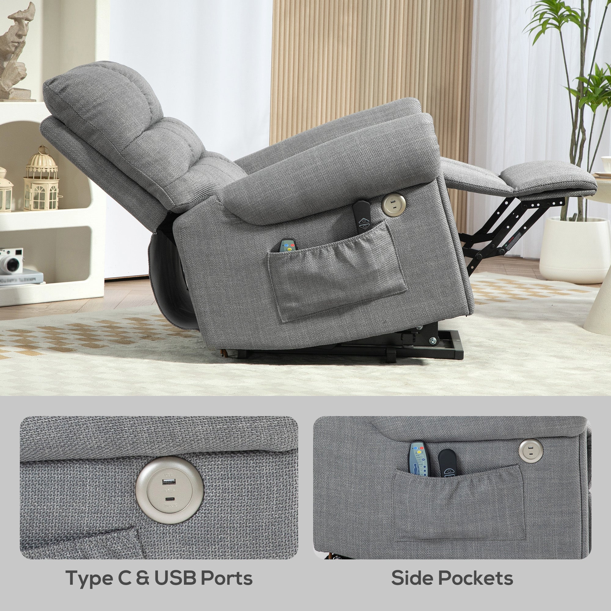 HOMCOM Rise and Recline Electric Massage Armchair - Grey - North Peak Garden Furniture