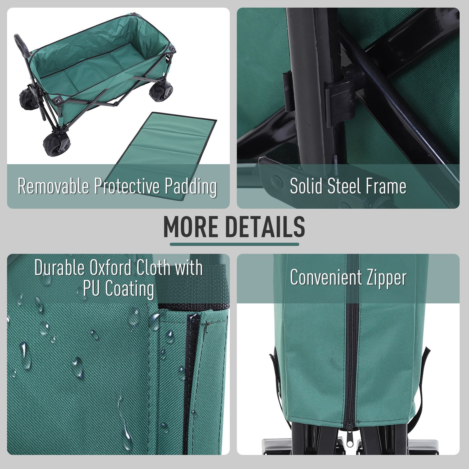 Outsunny Outdoor Folding Garden Trolley on Wheels, Pull Along Camping Cart, Cargo Wagon Trailer with Telescopic Handle, Big Wheels for Beach Garden, Green - North Peak Garden Furniture