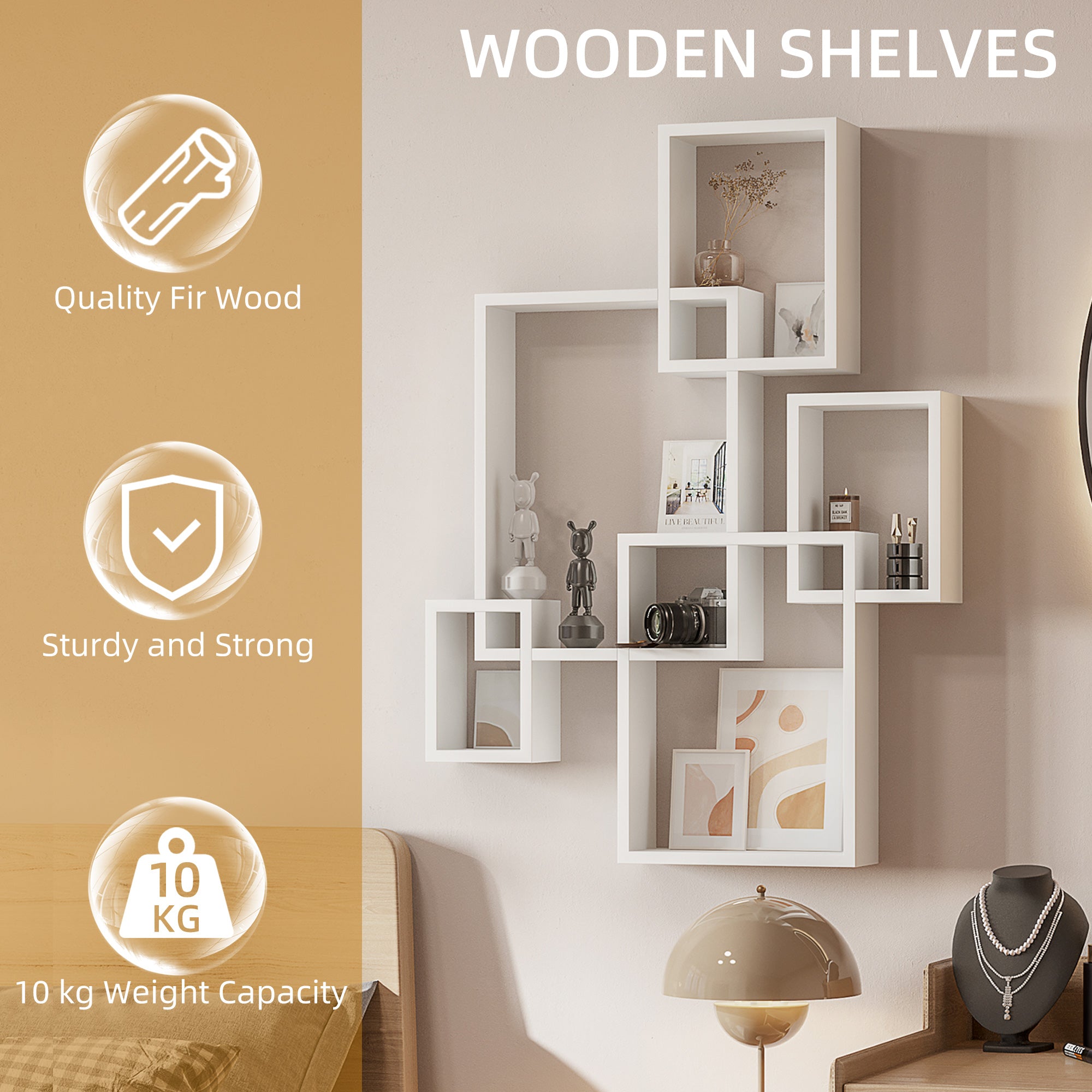 HOMCOM Floating Shelves, Wall Mounted Interlocking Cube Shelves, Display Wall Shelf for Living Room, Bedroom, Hallways, White - North Peak Garden Furniture