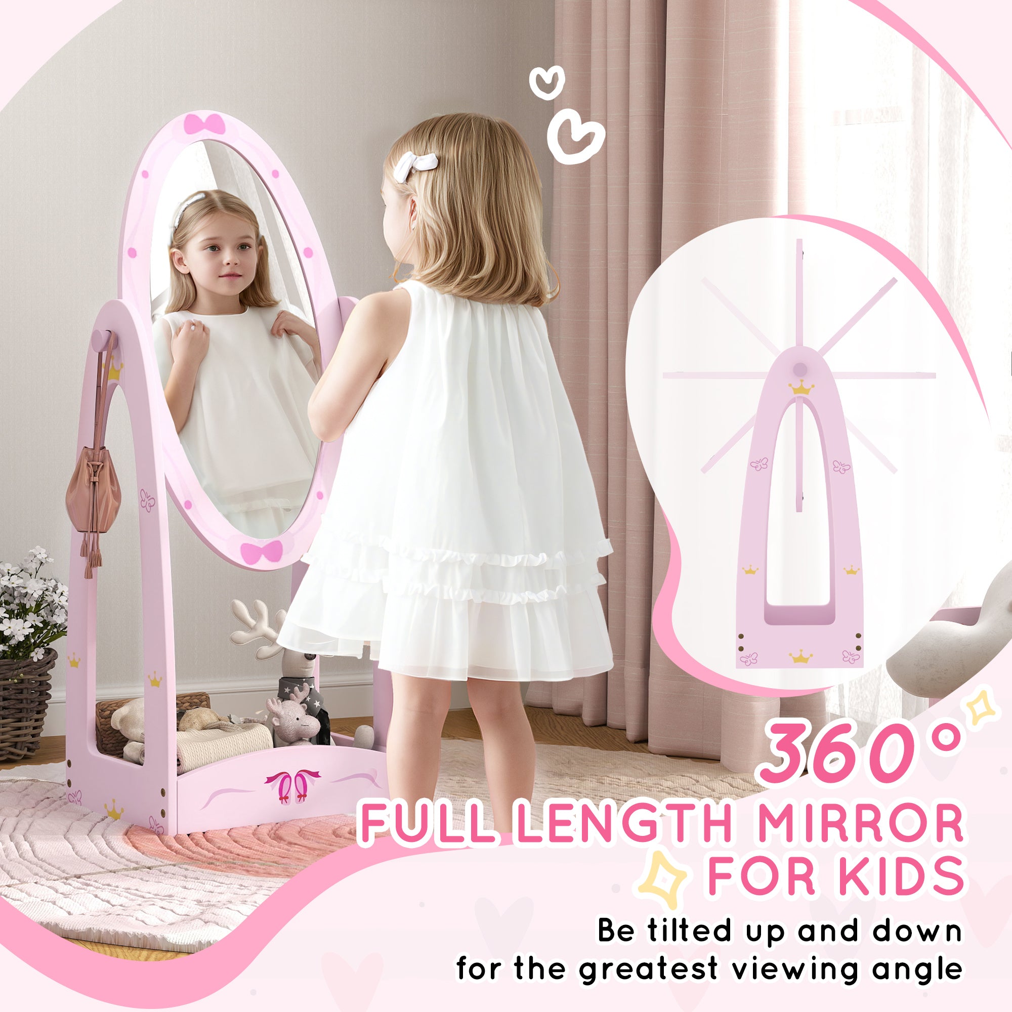 AIYAPLAY Kids Full Length Mirror, 360° Rotating Children Standing Mirror with Storage Shelf, Pink