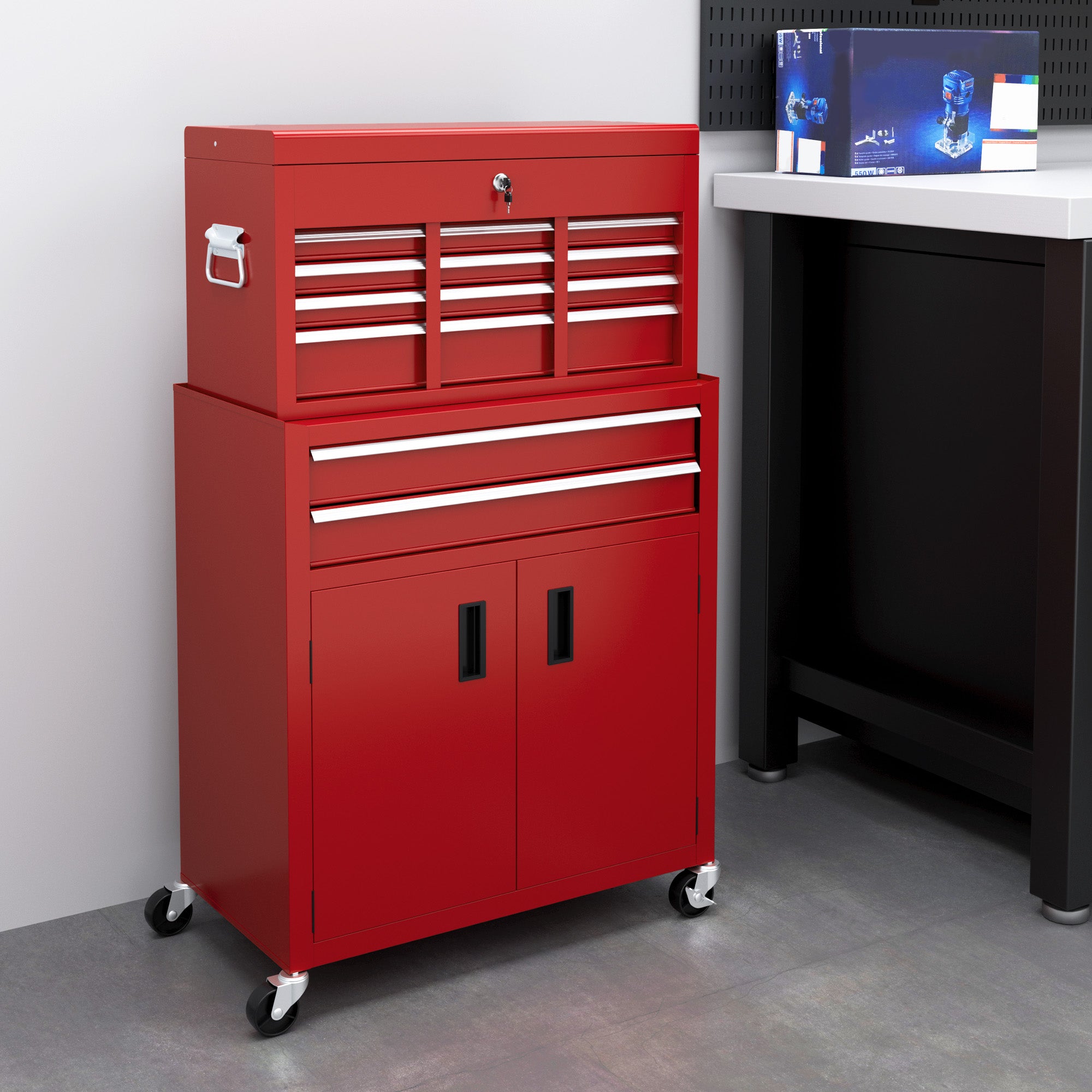 HOMCOM Portable Tool Box, Metal Tool Chest on Wheels with 6 Drawers for Garage and Workshop, Red - North Peak Garden Furniture