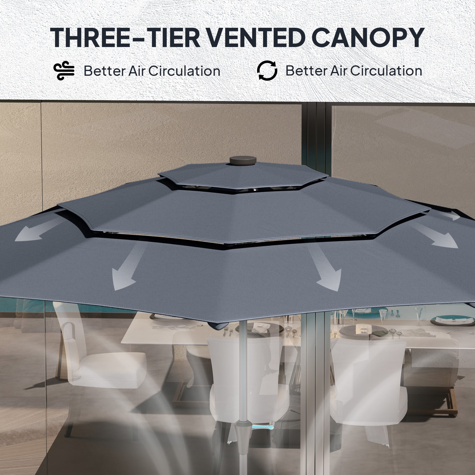 Outsunny 3-Tier Garden Parasol with Solar LED Lights, UPF 30+, Tilt Mechanism & Crank Handle, for Market Terrace, Dark Grey - North Peak Garden Furniture