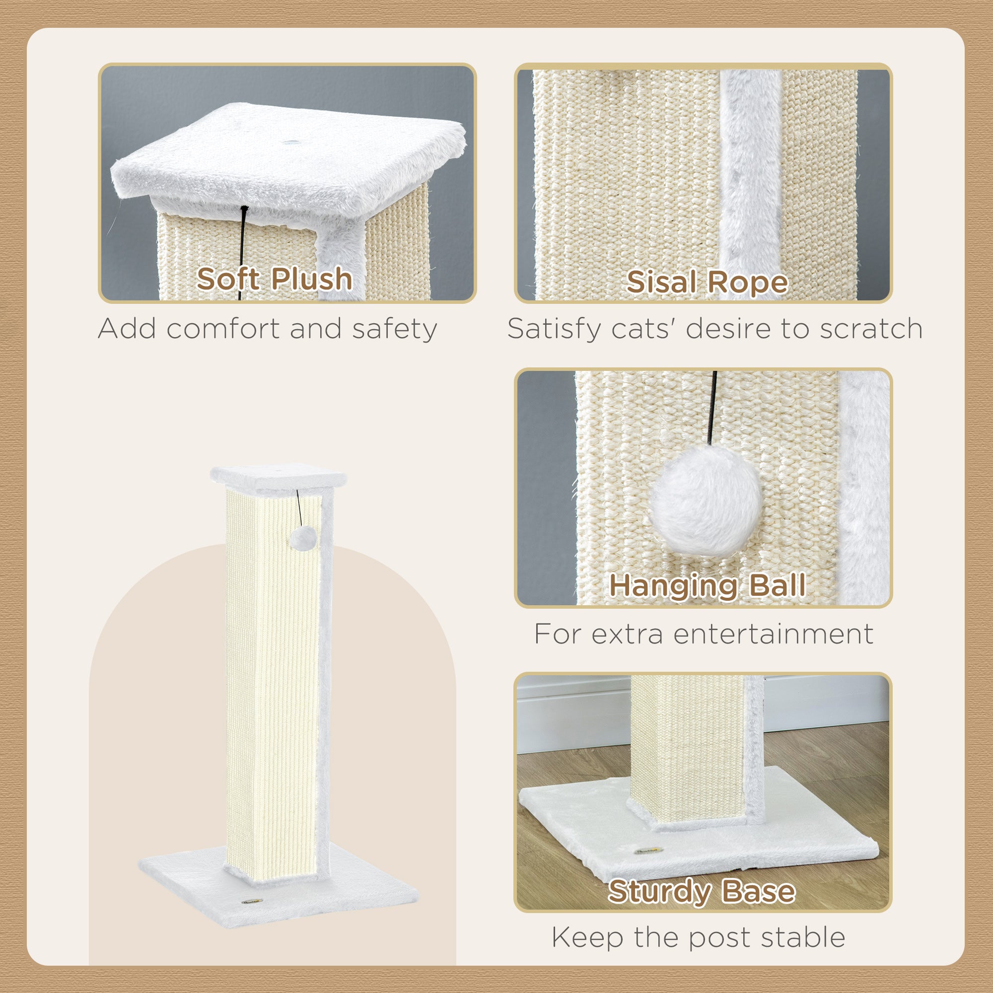 PawHut 81cm Cat Scratcher, Vertical Full Scratcher w/ Natural Sisal Rope, Hanging Ball, Soft Plush - White - North Peak Garden Furniture