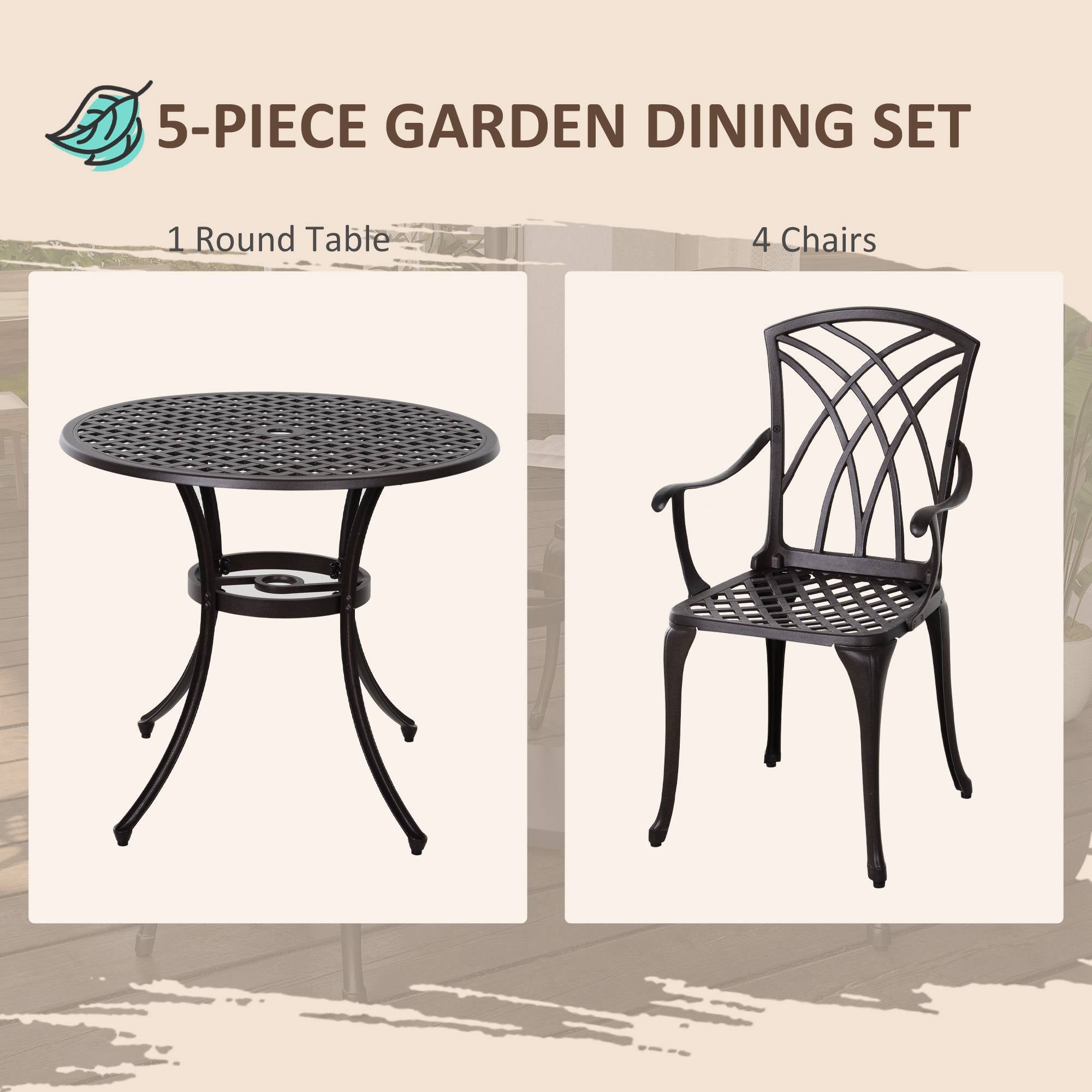 Outsunny 5 Pieces Outdoor Dining Table Set, Cast Aluminium Patio Conversation Furniture Set with 4 Armchairs, a Round Dining Table with Parasol Hole, Brown - North Peak Garden Furniture