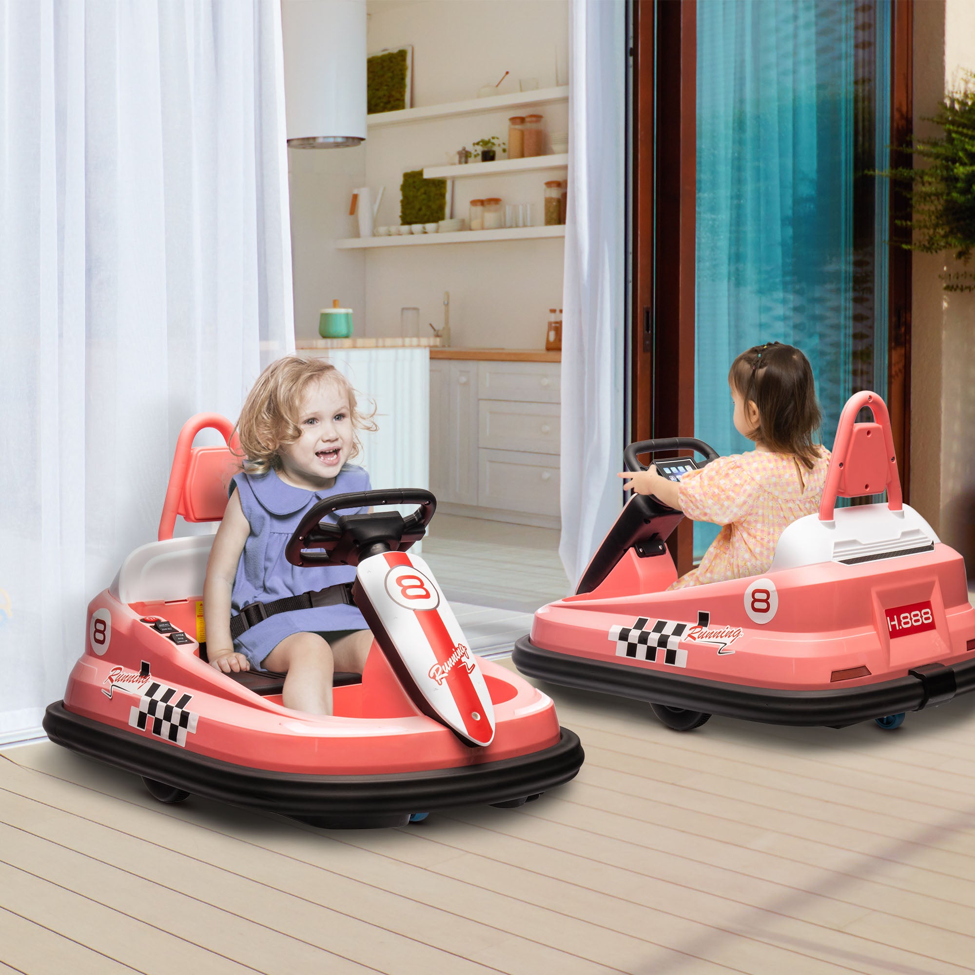 HOMCOM 6V Electric Kids Bumper Car, 6V Spin Waltz Car, with Music, Horn, Lights - Pink - North Peak Garden Furniture