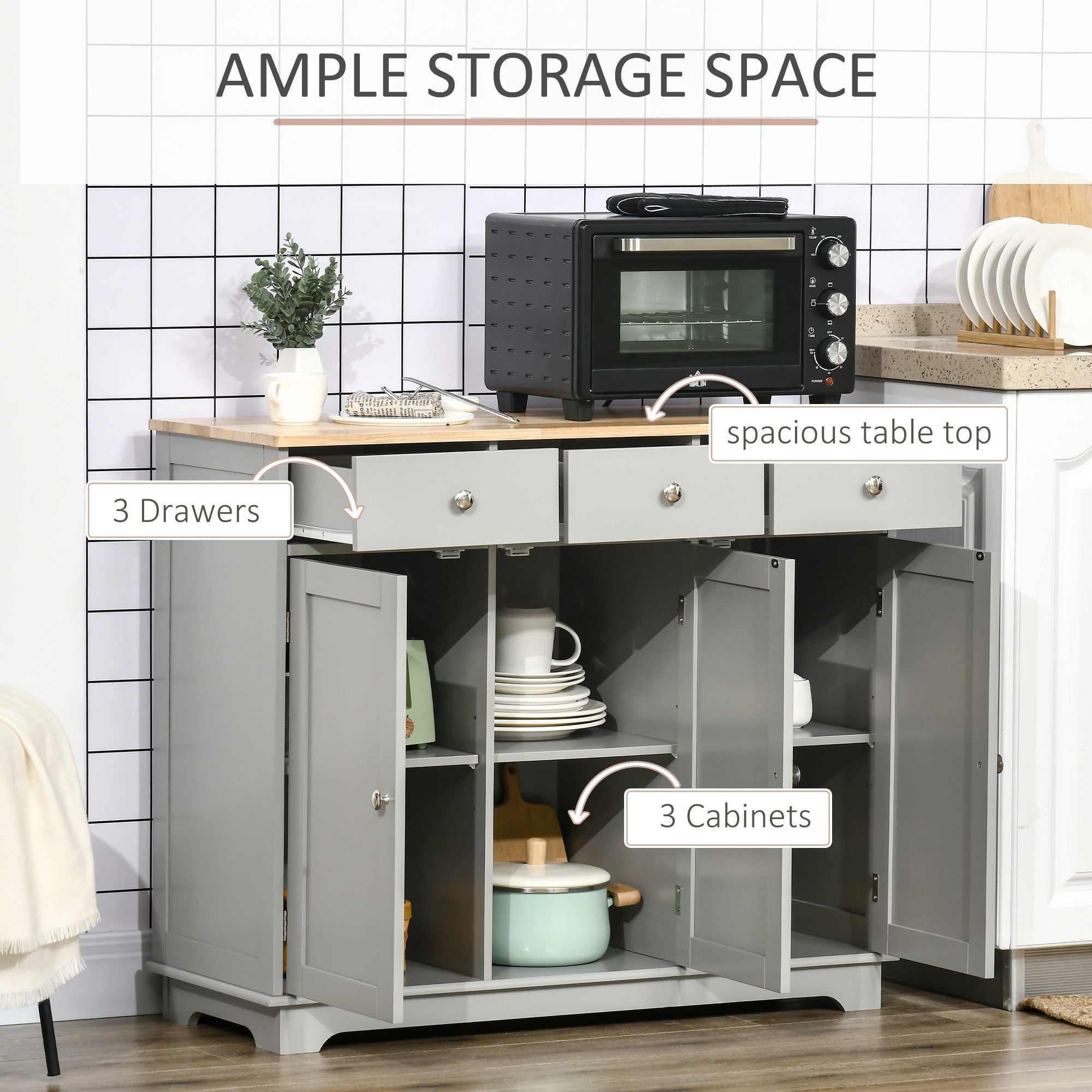HOMCOM Sideboard with Rubberwood Top and Adjustable Shelves for Dining Room, Kitchen - Grey - North Peak Garden Furniture