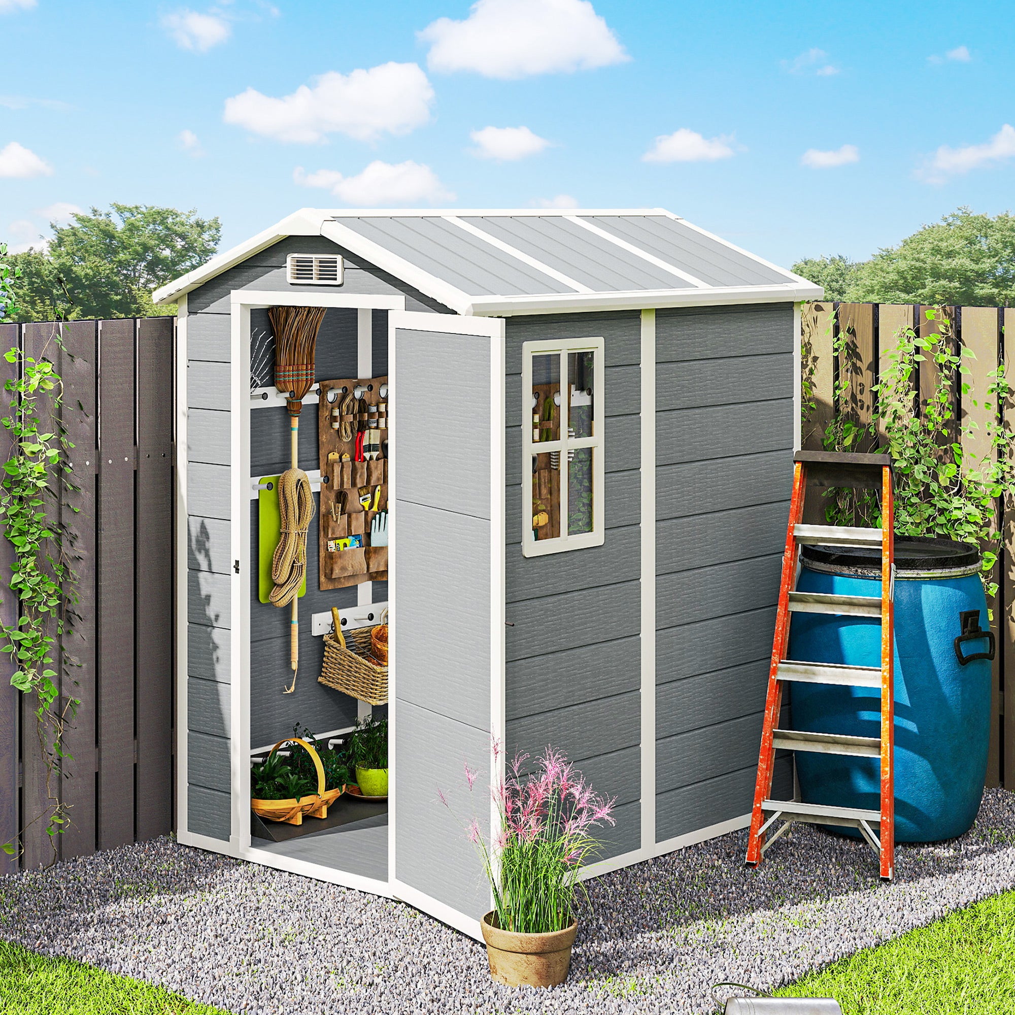 Outsunny 4 x 6ft Garden Shed, Plastic Shed with Floor, Window, Lockable Door and Vents, Resin Tool Shed for Outdoor Patio Storage, Zero Maintenance, Grey