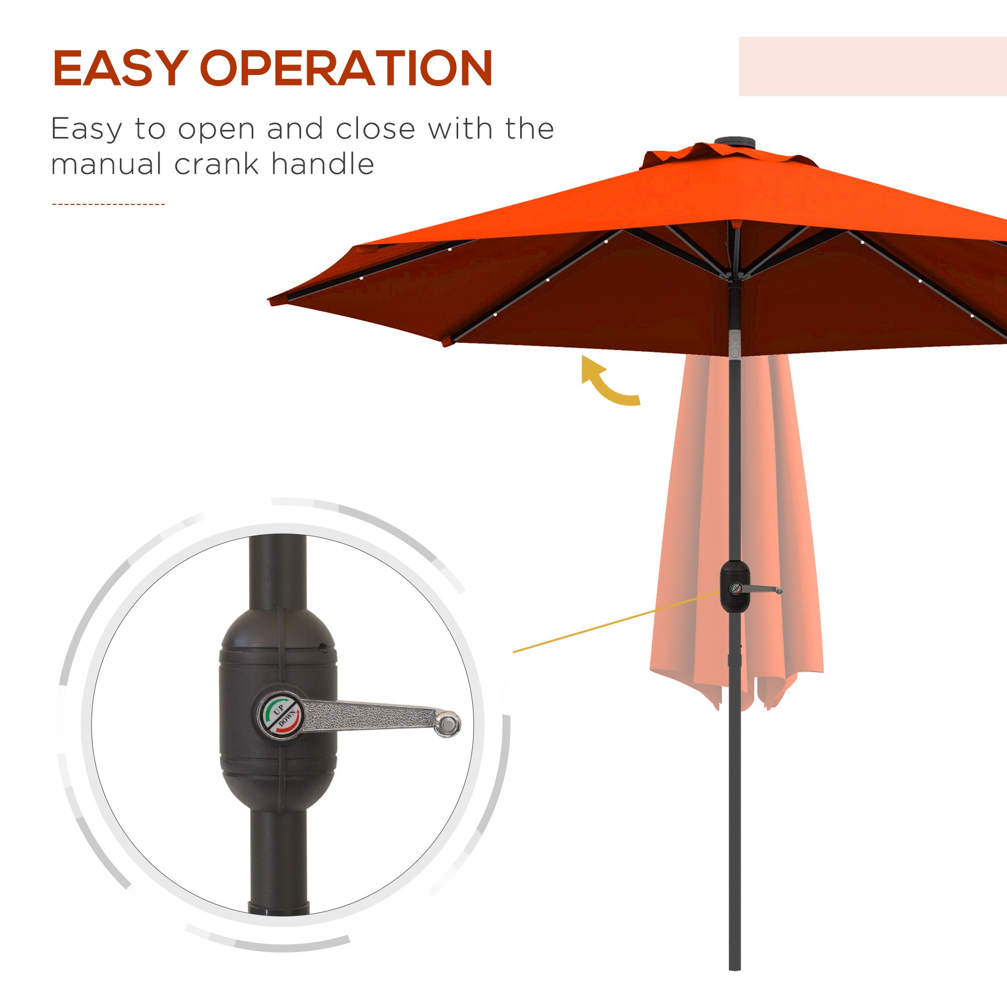 Outsunny 2.7m Outdoor Patio Garden Umbrella Parasol with Tilt Crank and 24 LEDs Lights, Orange - North Peak Garden Furniture