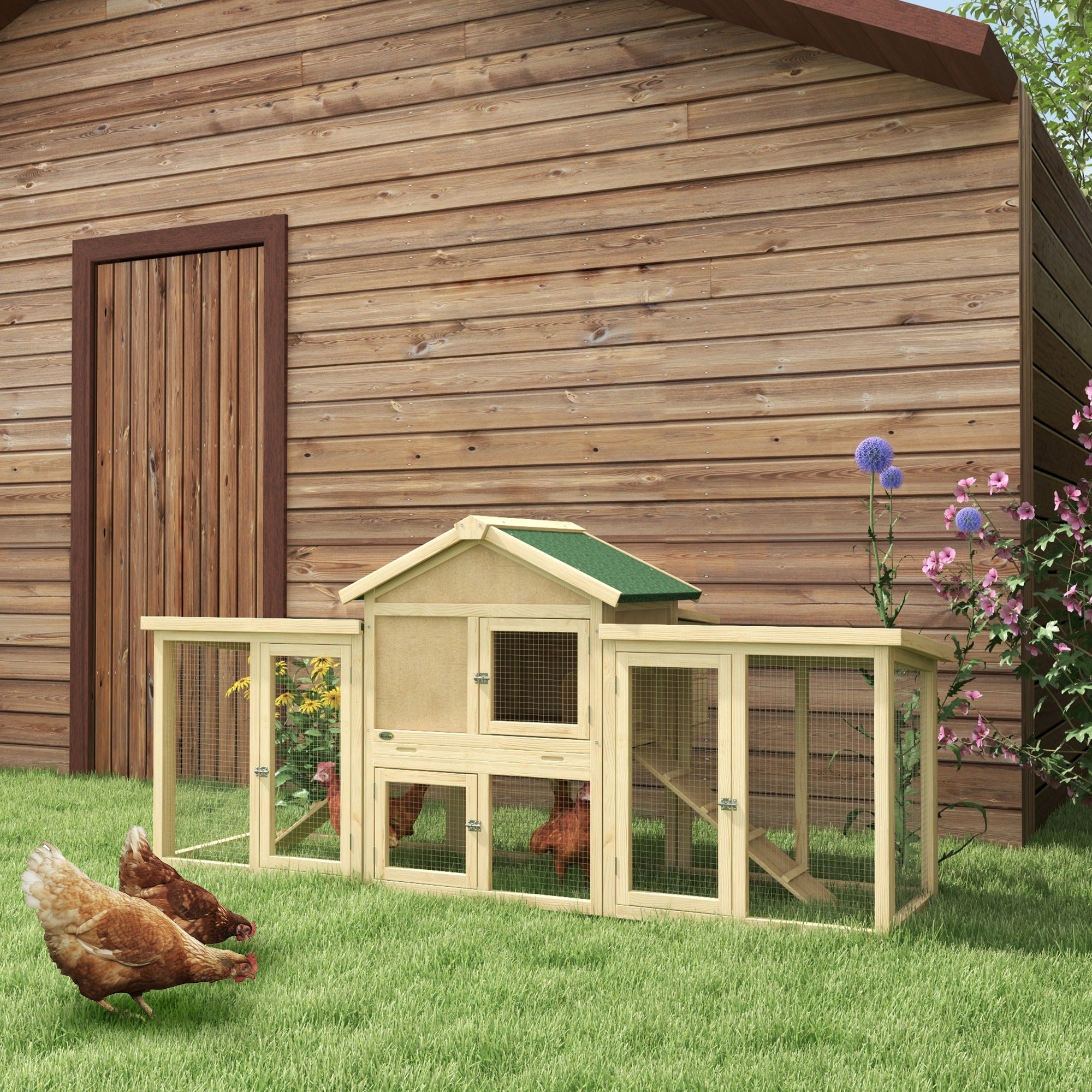 PawHut Large Chicken Coop with Run Backyard Hen House Poultry Coops Cages with Nesting Box Wooden 204 x 85 x 93cm