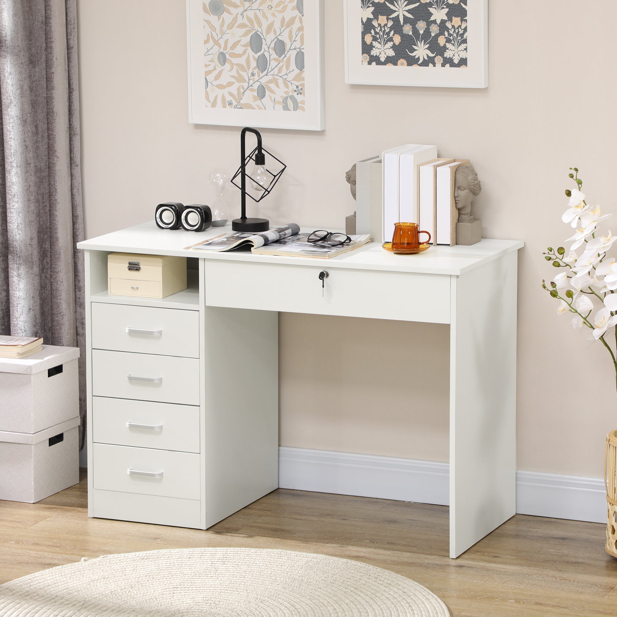 HOMCOM Computer Desk, Home Office Desk with Lockable Drawer, Storage Shelf for Study Bedroom, 110 x 50 x 76 cm, White - North Peak Garden Furniture