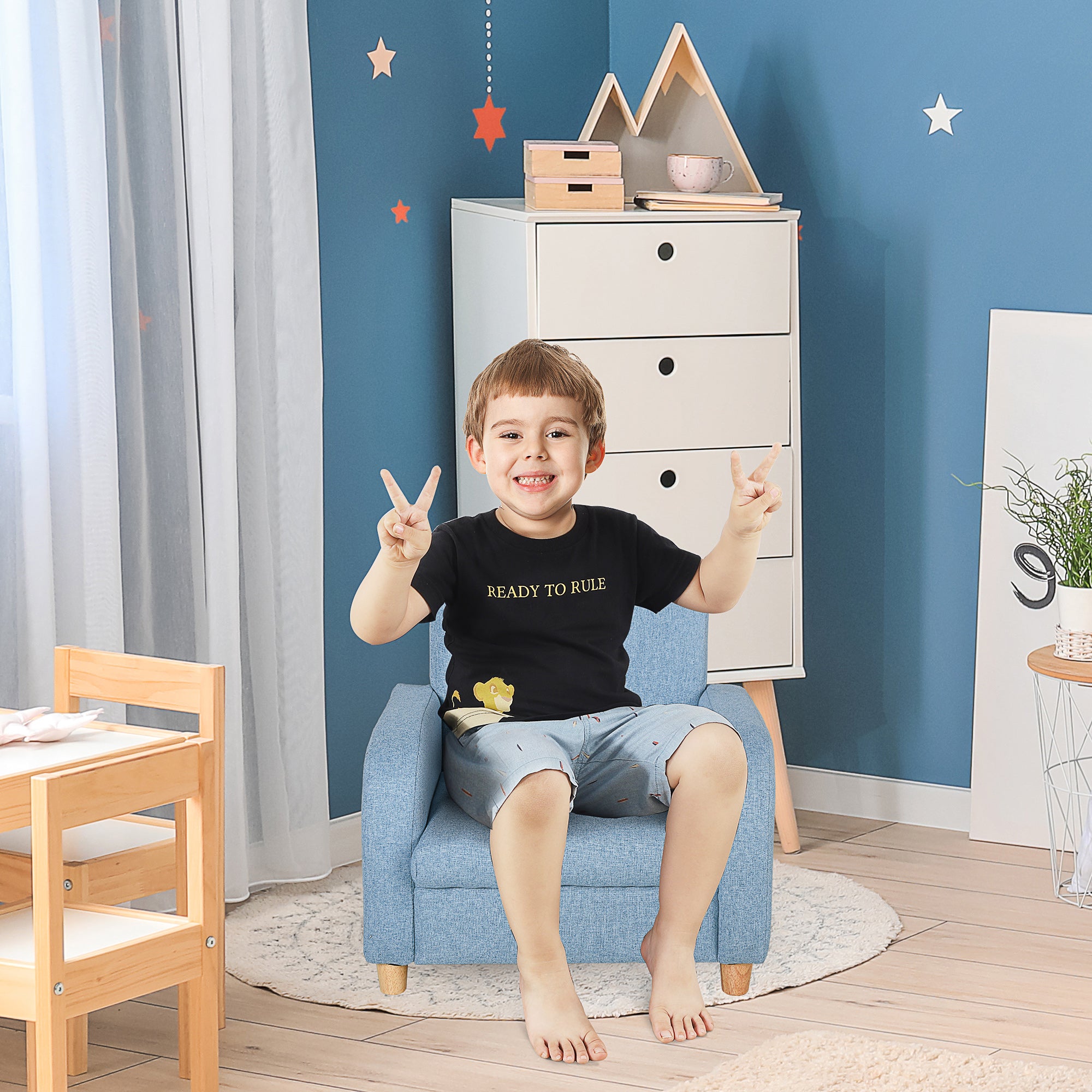 HOMCOM Children's Armchairs Toddler Chair Wood Frame Anti-Slip Legs High Back Bedroom Playroom Furniture Blue - North Peak Garden Furniture