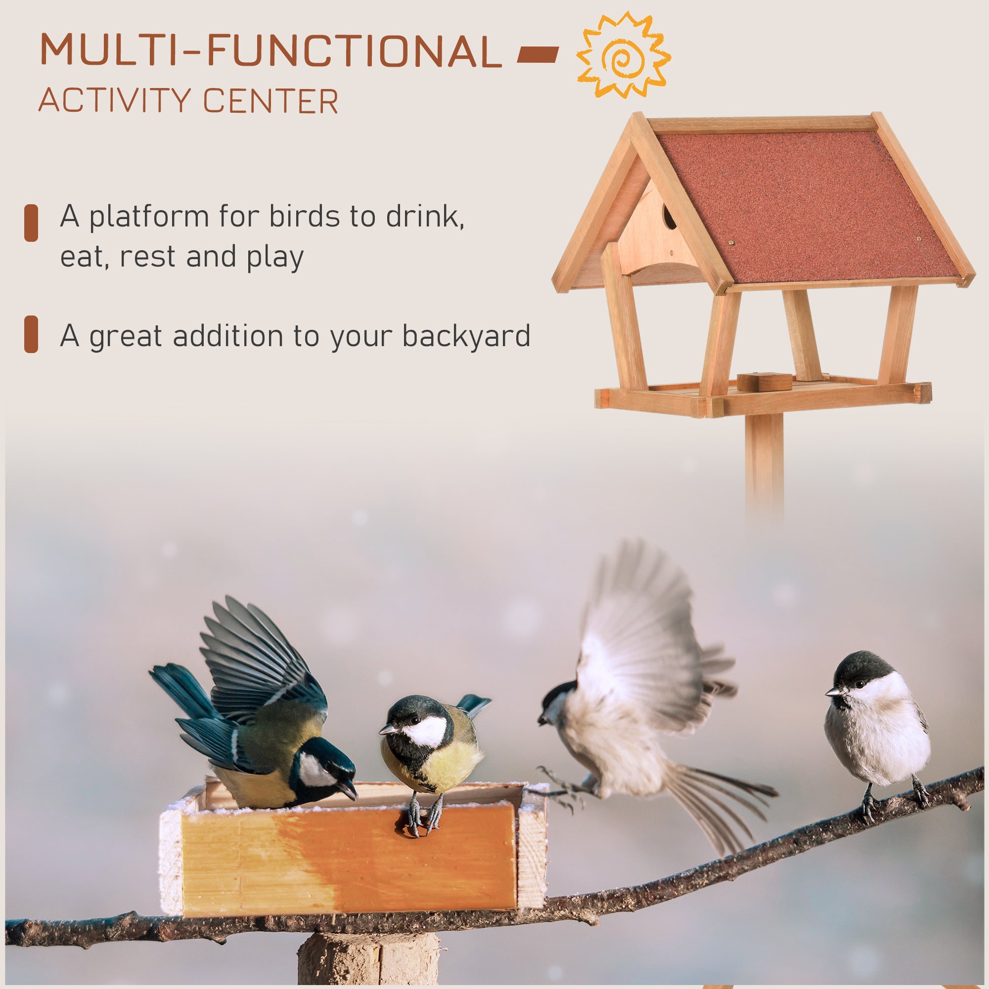 PawHut Wooden Bird Table Freestanding Feeding Station for Garden Outside ,139H cm, Natural - North Peak Garden Furniture