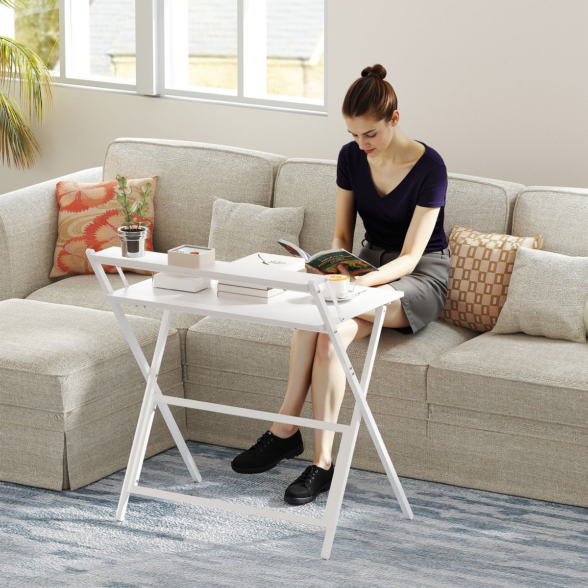 HOMCOM 81.5 cm Folding Computer Desk with Monitor Shelf - White