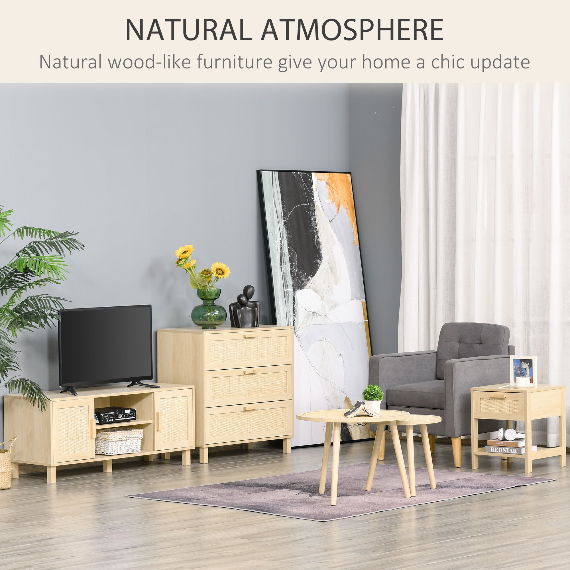 HOMCOM Nightstand with Rattan Drawer and Storage Shelf, Bedside End Table for Bedroom, Living Room - North Peak Garden Furniture