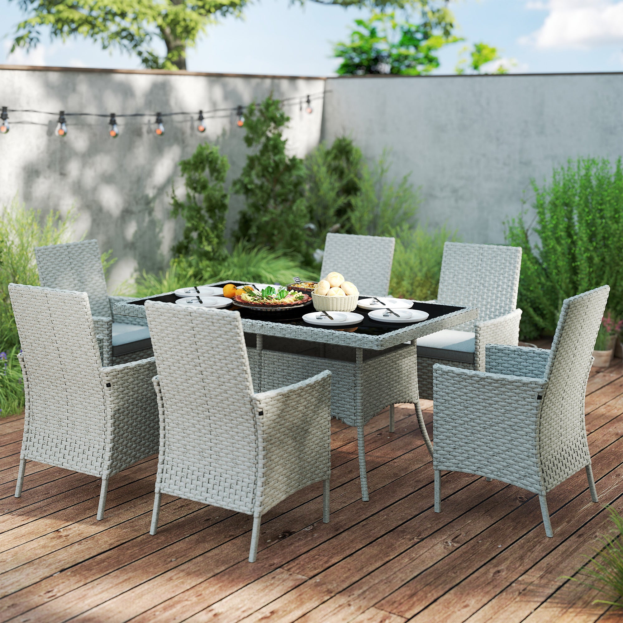 Outsunny Seven-Piece Rattan Dining Set - Grey - North Peak Garden Furniture