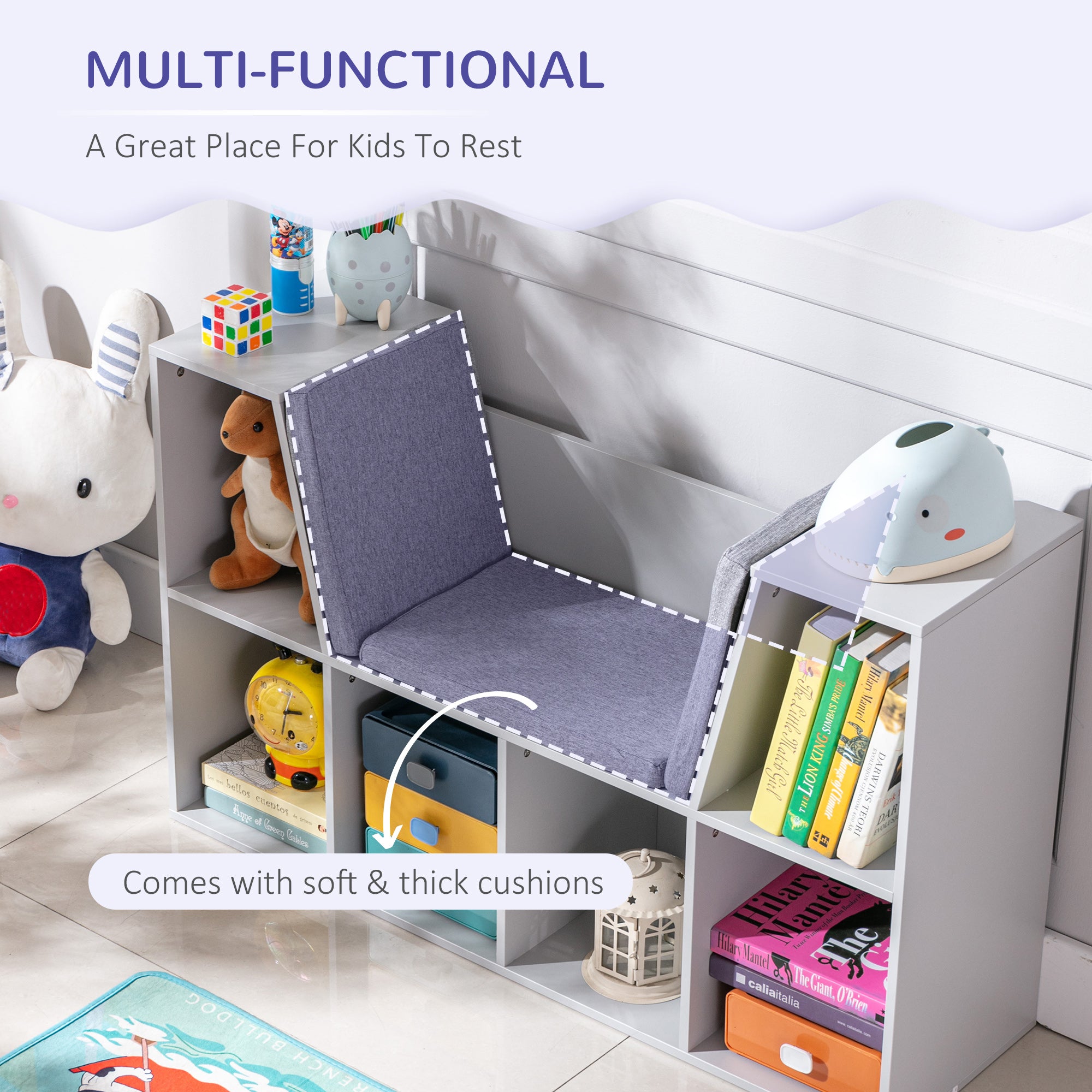 HOMCOM Kids Bookcase Shelf Storage Cabinet Unit, Living Room Sideboard w/ Six Compartments for Toys, Books - Grey - North Peak Garden Furniture