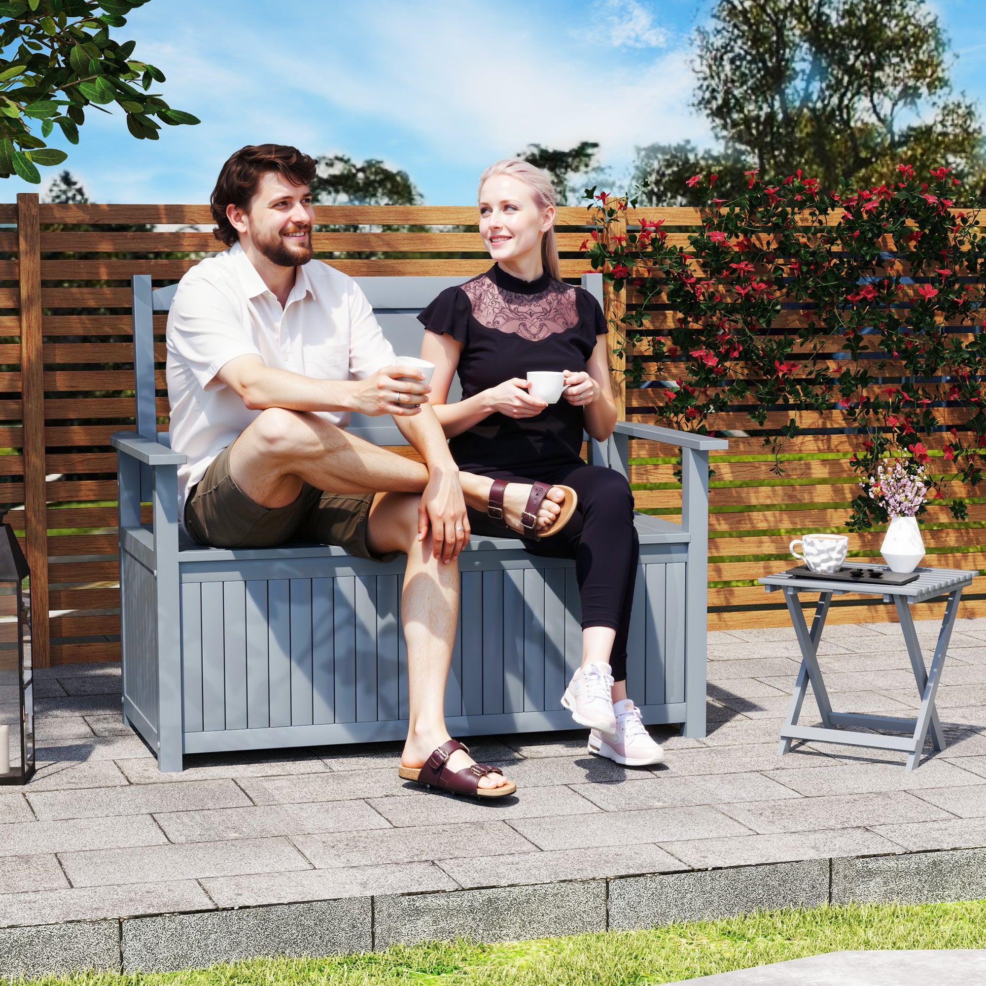 Outsunny Two-Seater Wooden Storage Bench - Grey - North Peak Garden Furniture