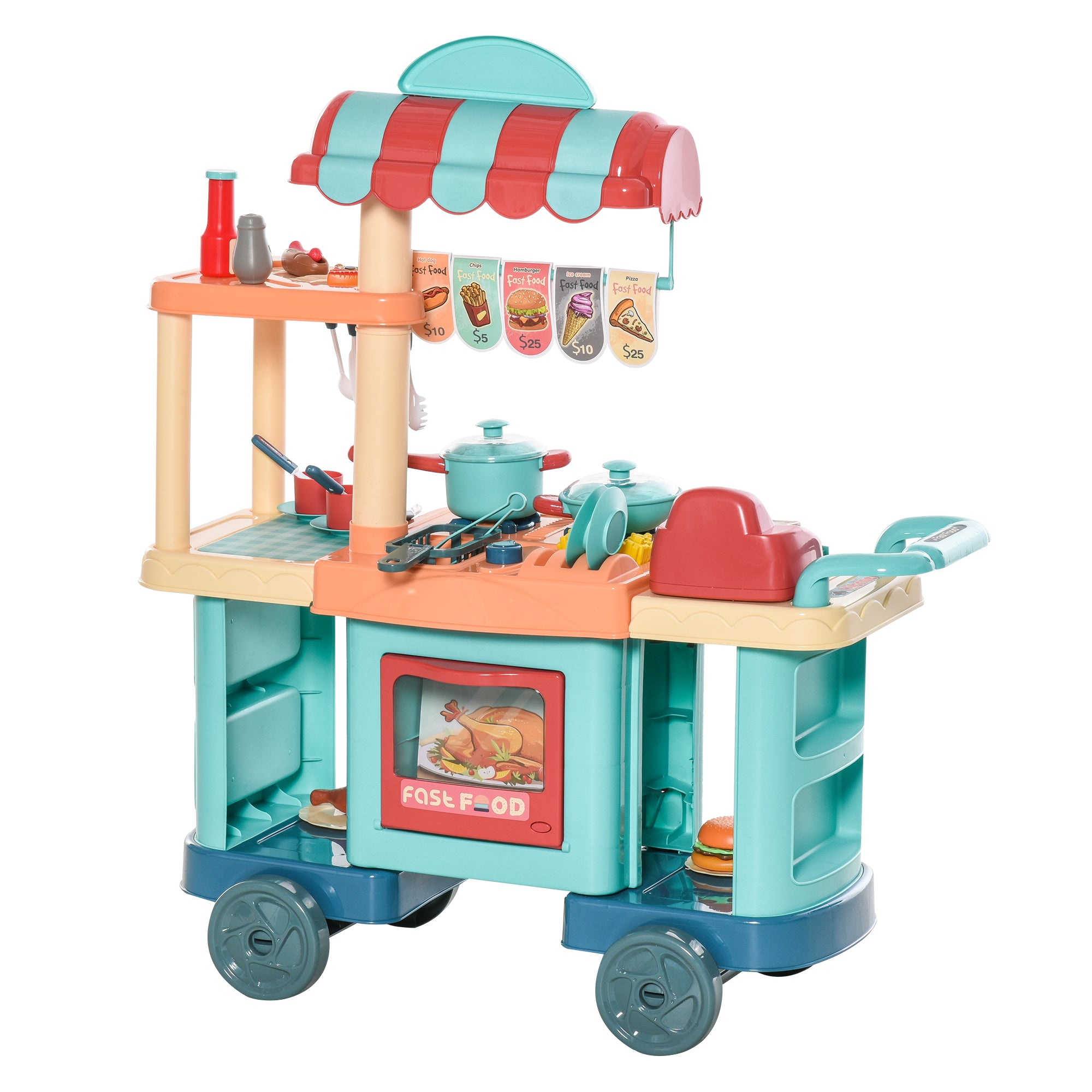 HOMCOM 50 Pcs Kids Kitchen Play set Fast Food Trolley Cart Pretend Playset Toys with Play Food Cashier Register Accessories Gift for Boys Girls Age 3-6 - North Peak Garden Furniture